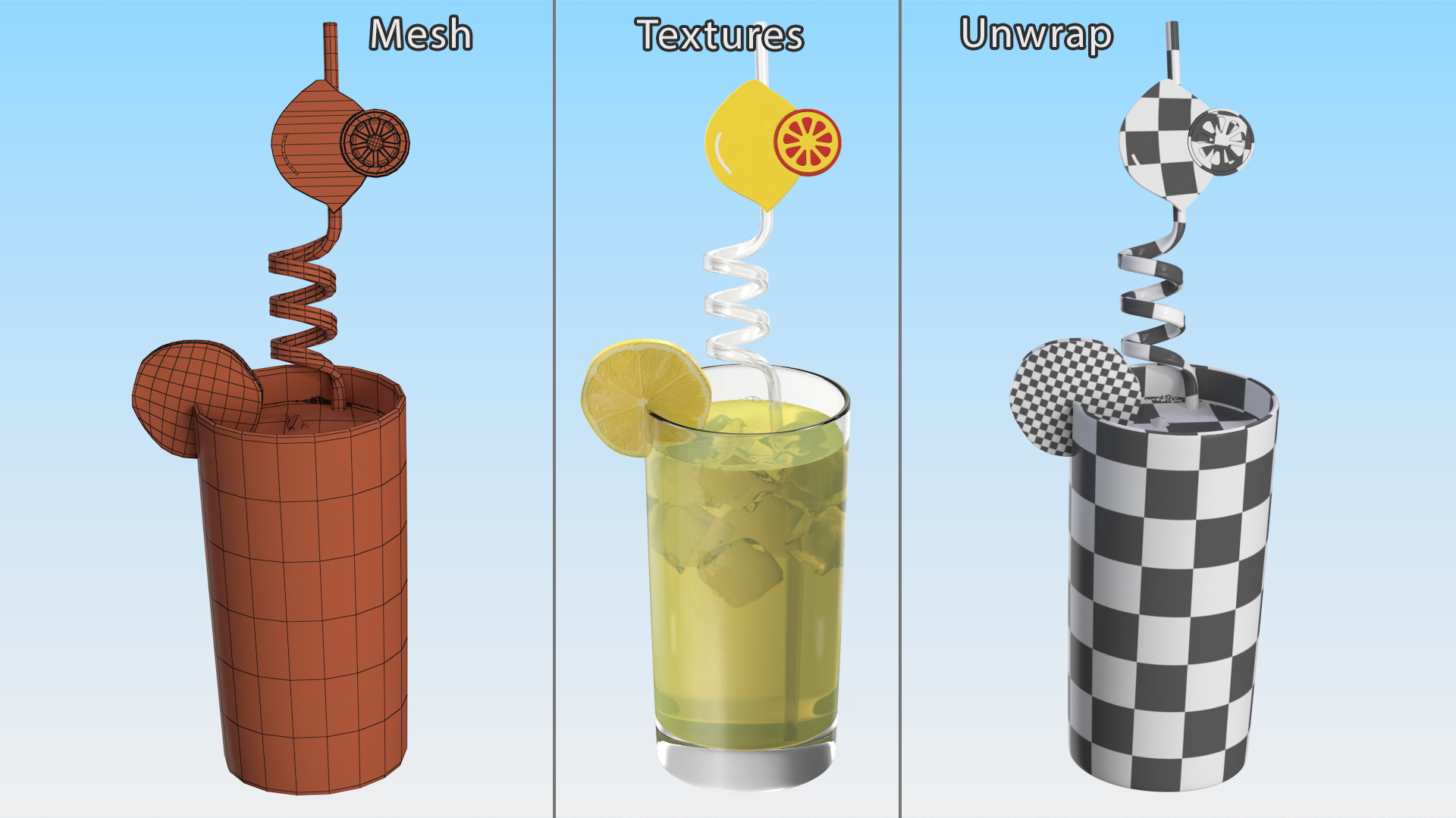 3D Lemonade with Fruit Plastic Straw model