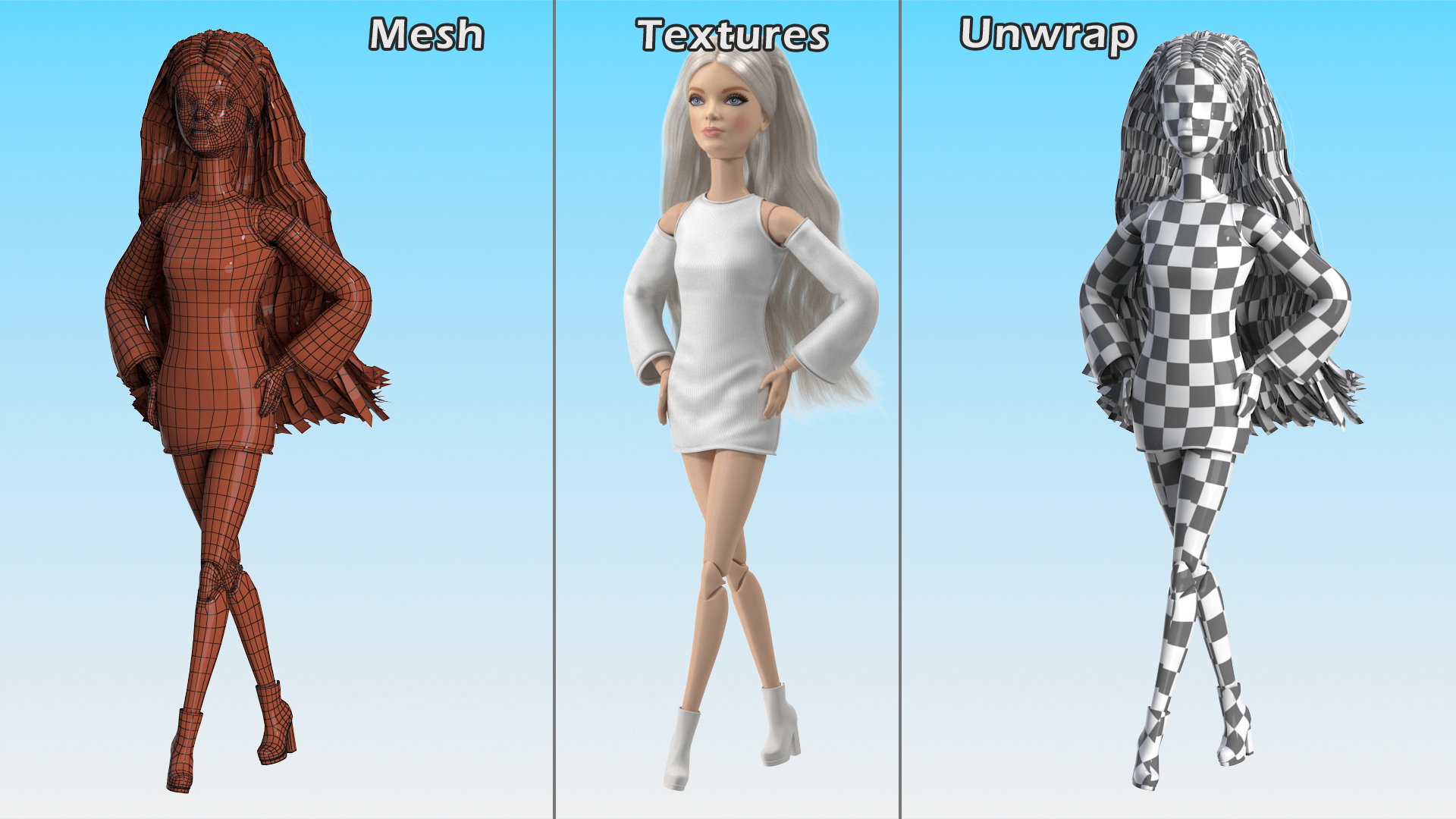 3D Barbie Doll White Dress model