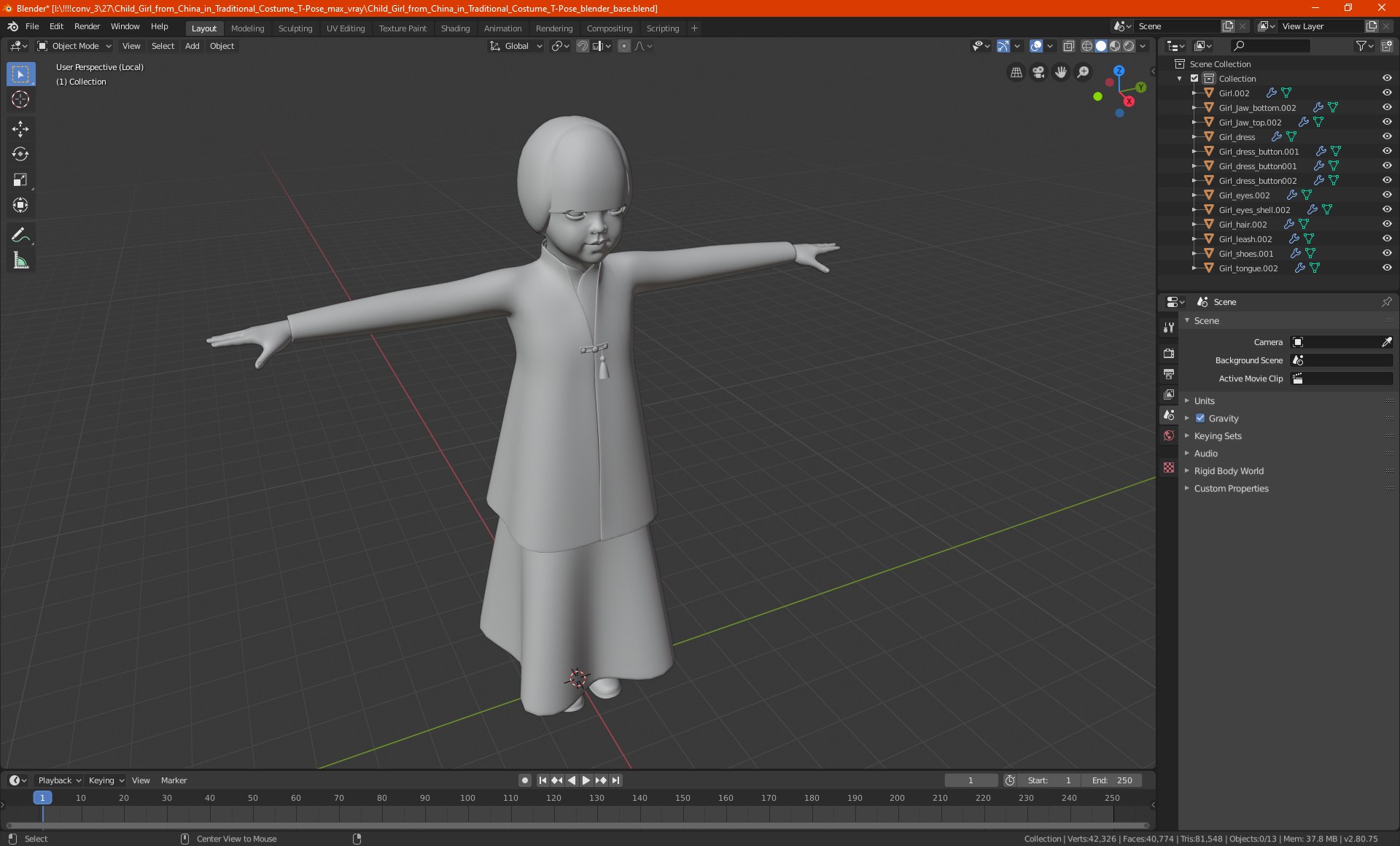 3D Child Girl from China in Traditional Costume T-Pose