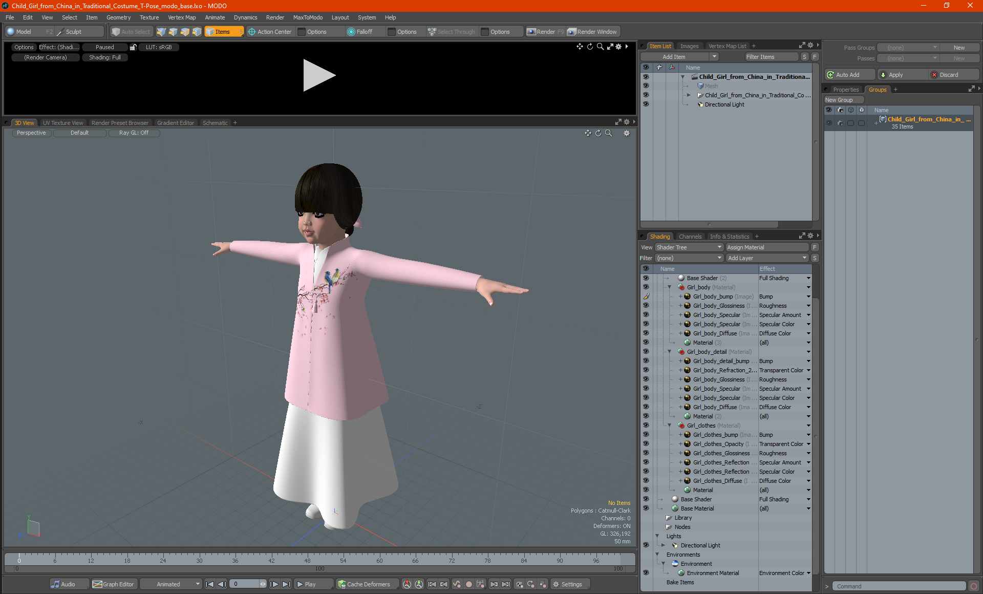 3D Child Girl from China in Traditional Costume T-Pose
