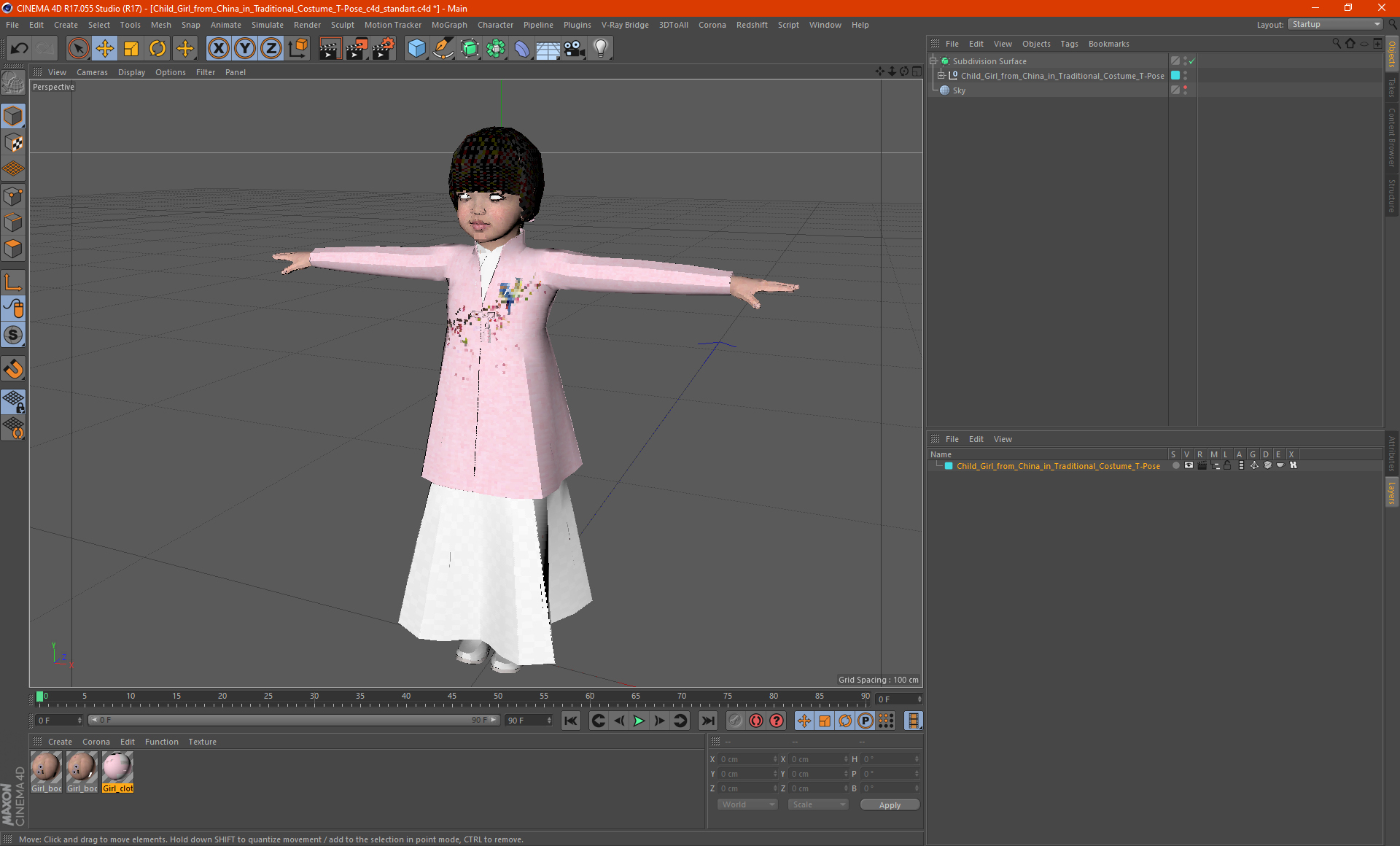 3D Child Girl from China in Traditional Costume T-Pose