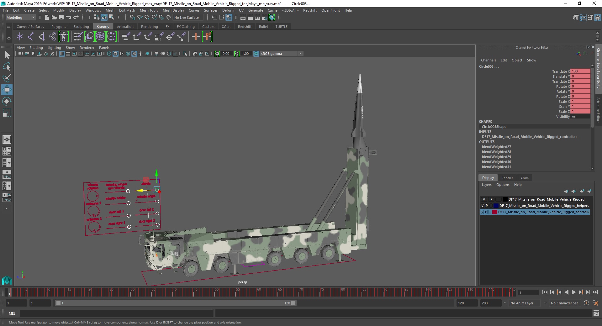 DF-17 Missile on Road Mobile Vehicle Rigged for Maya 3D