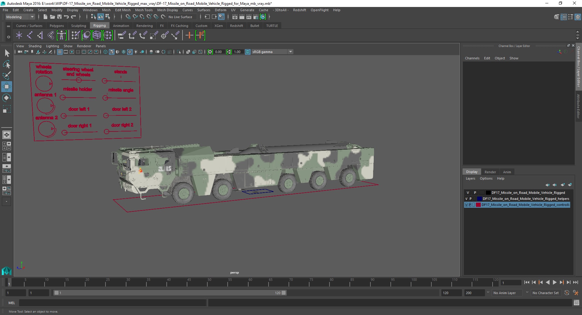 DF-17 Missile on Road Mobile Vehicle Rigged for Maya 3D