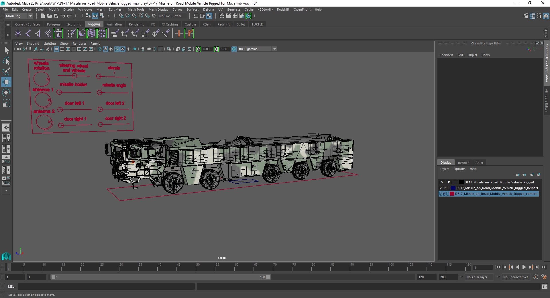 DF-17 Missile on Road Mobile Vehicle Rigged for Maya 3D