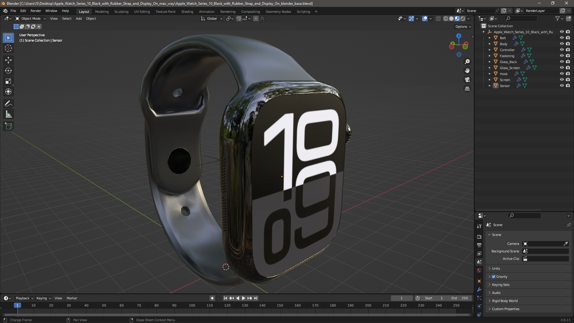 3D model Apple Watch Series 10 Black with Rubber Strap and Display On