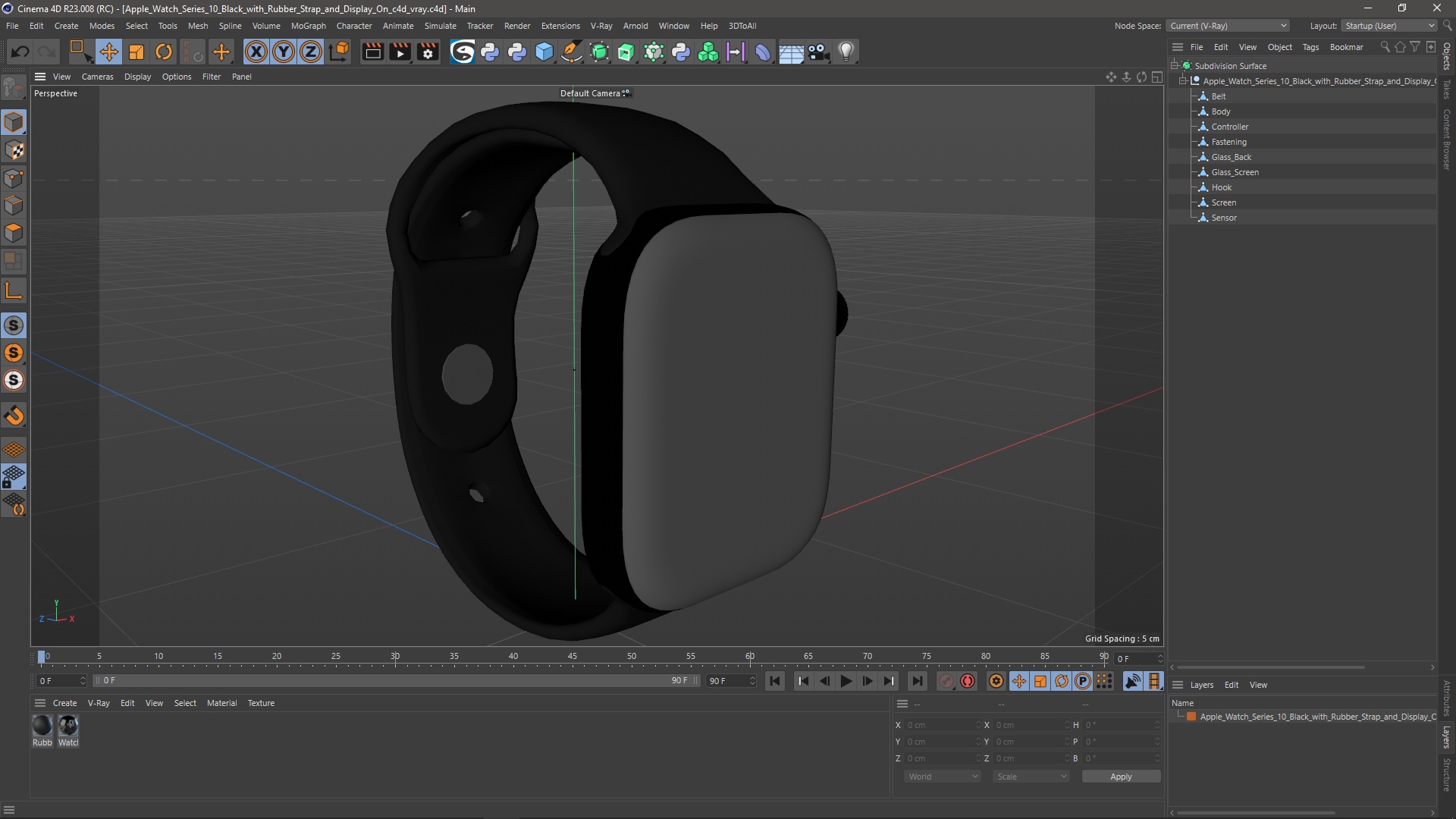 3D model Apple Watch Series 10 Black with Rubber Strap and Display On