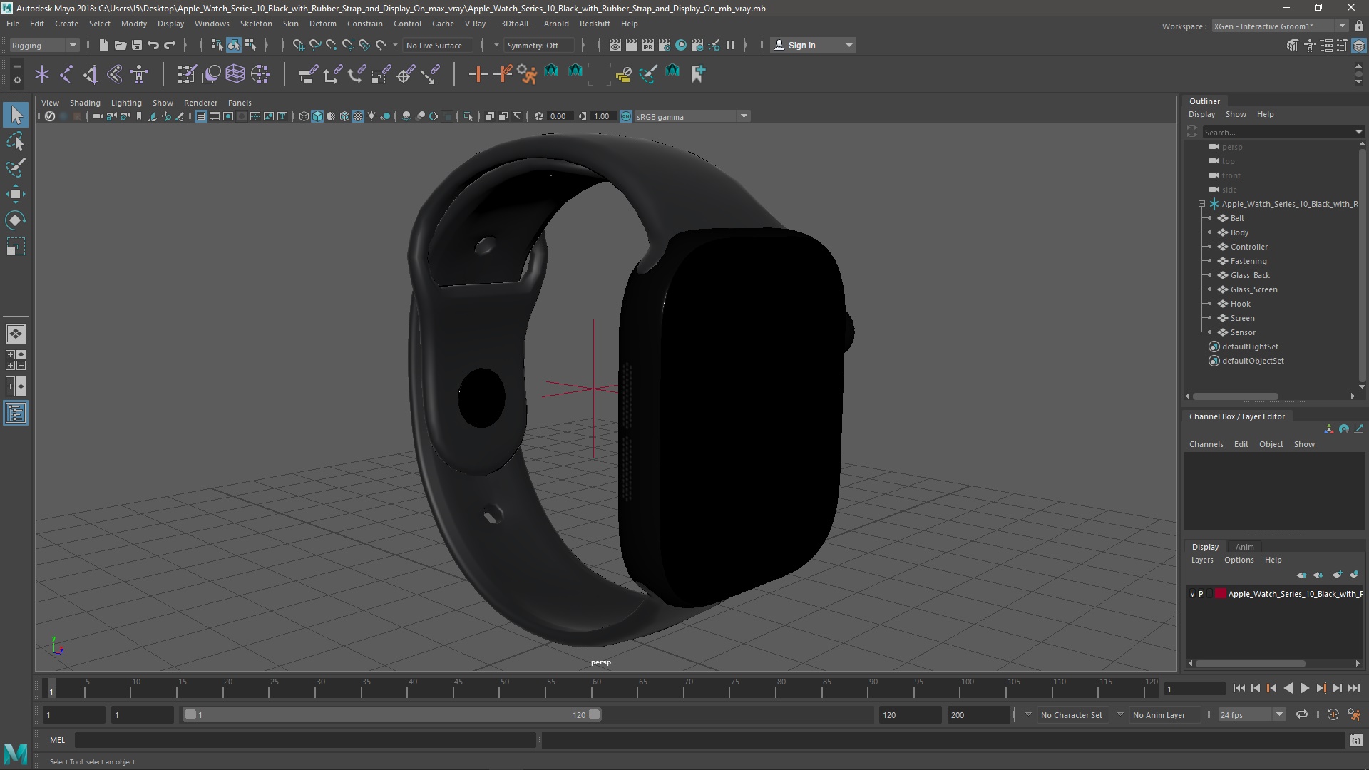 3D model Apple Watch Series 10 Black with Rubber Strap and Display On