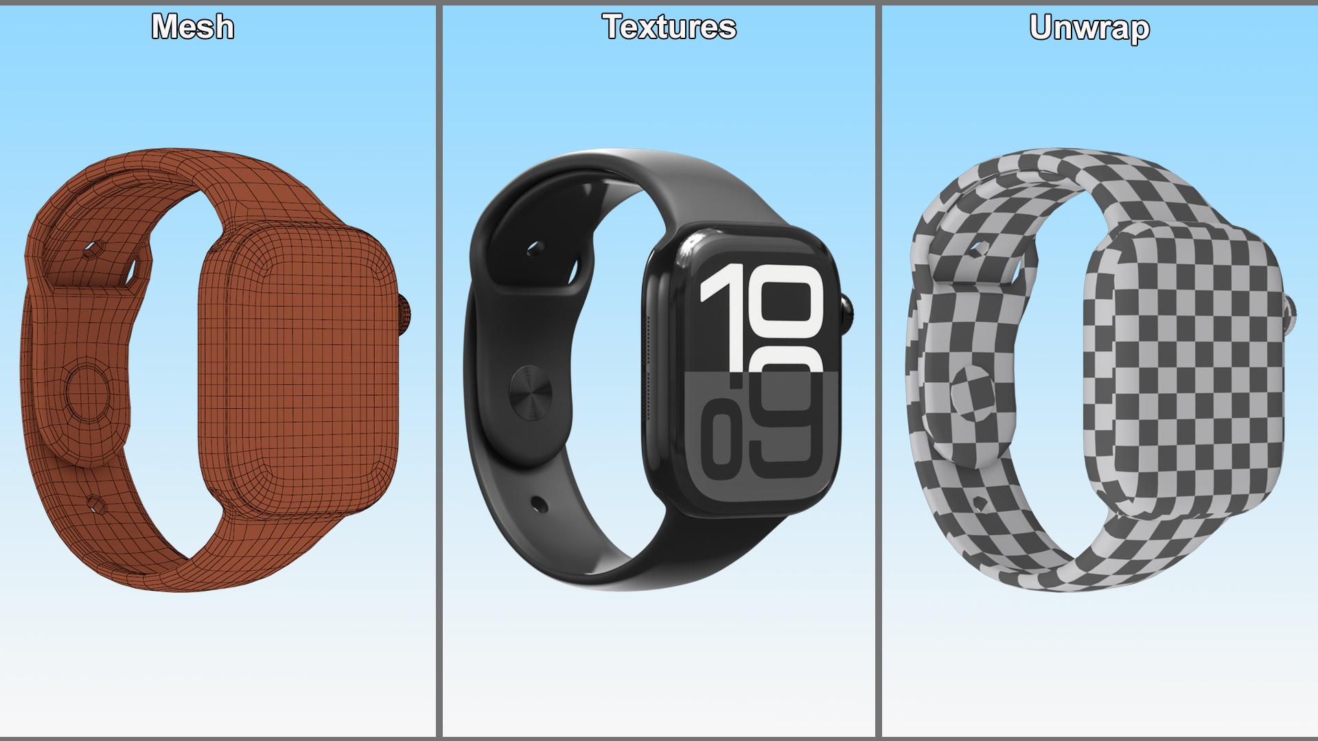 3D model Apple Watch Series 10 Black with Rubber Strap and Display On