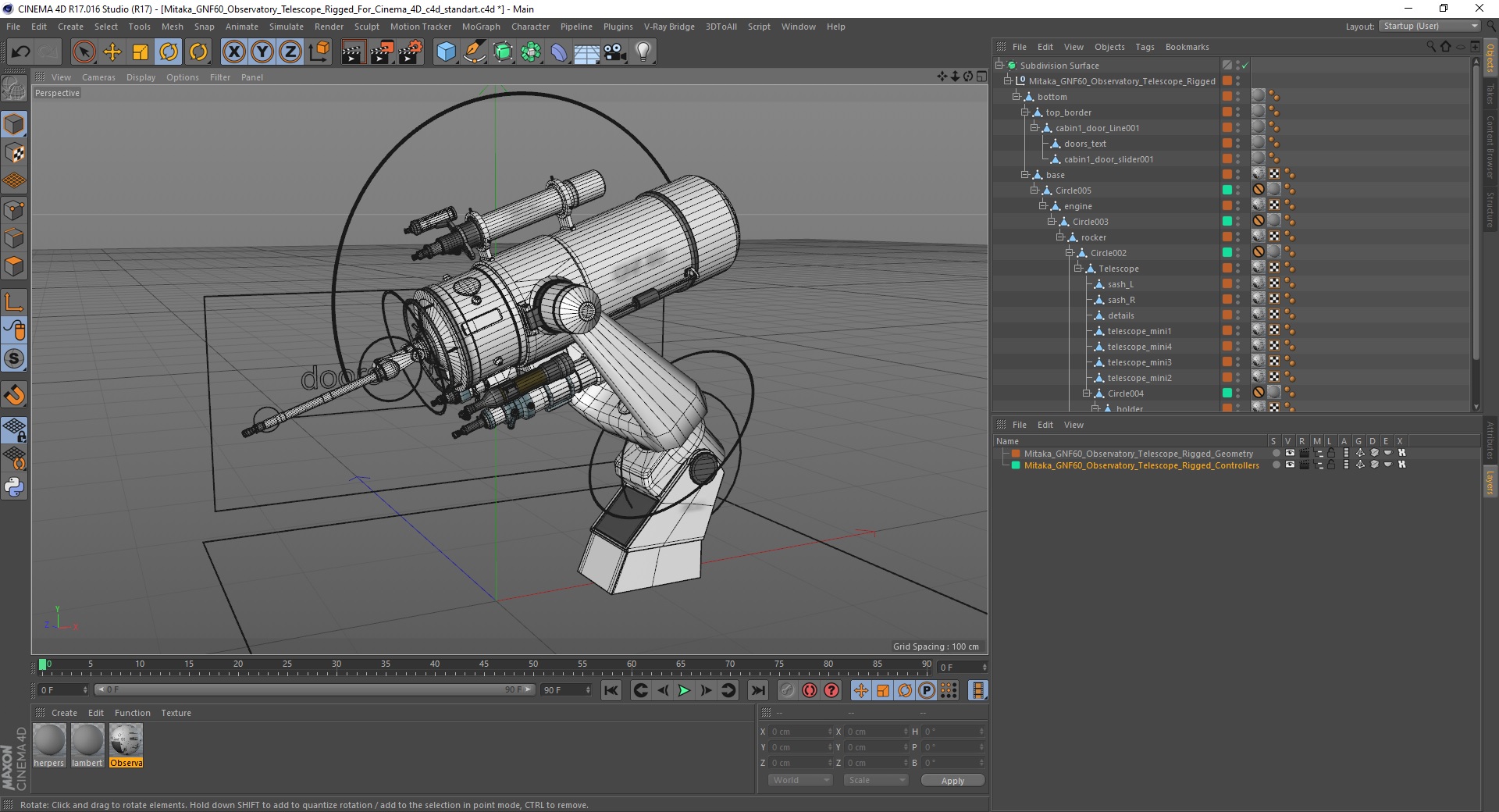 3D model Mitaka GNF60 Observatory Telescope Rigged for Cinema 4D