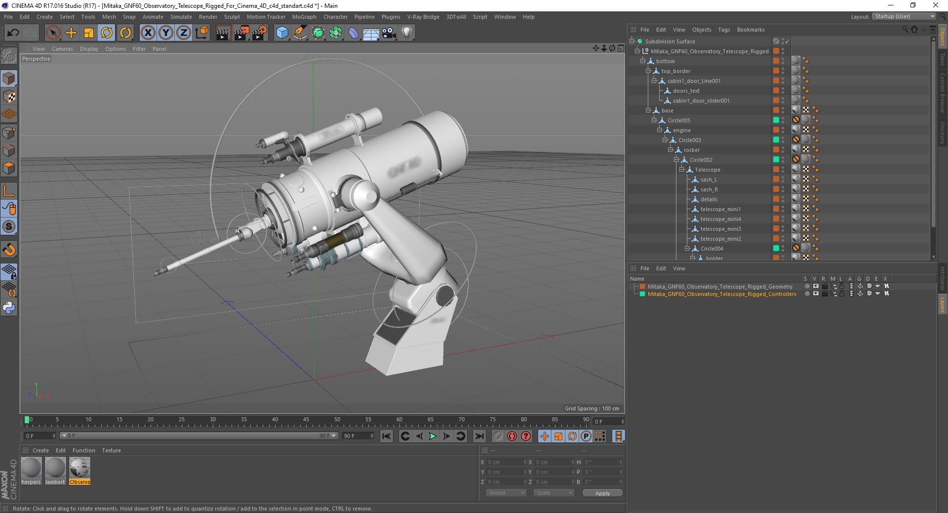 3D model Mitaka GNF60 Observatory Telescope Rigged for Cinema 4D