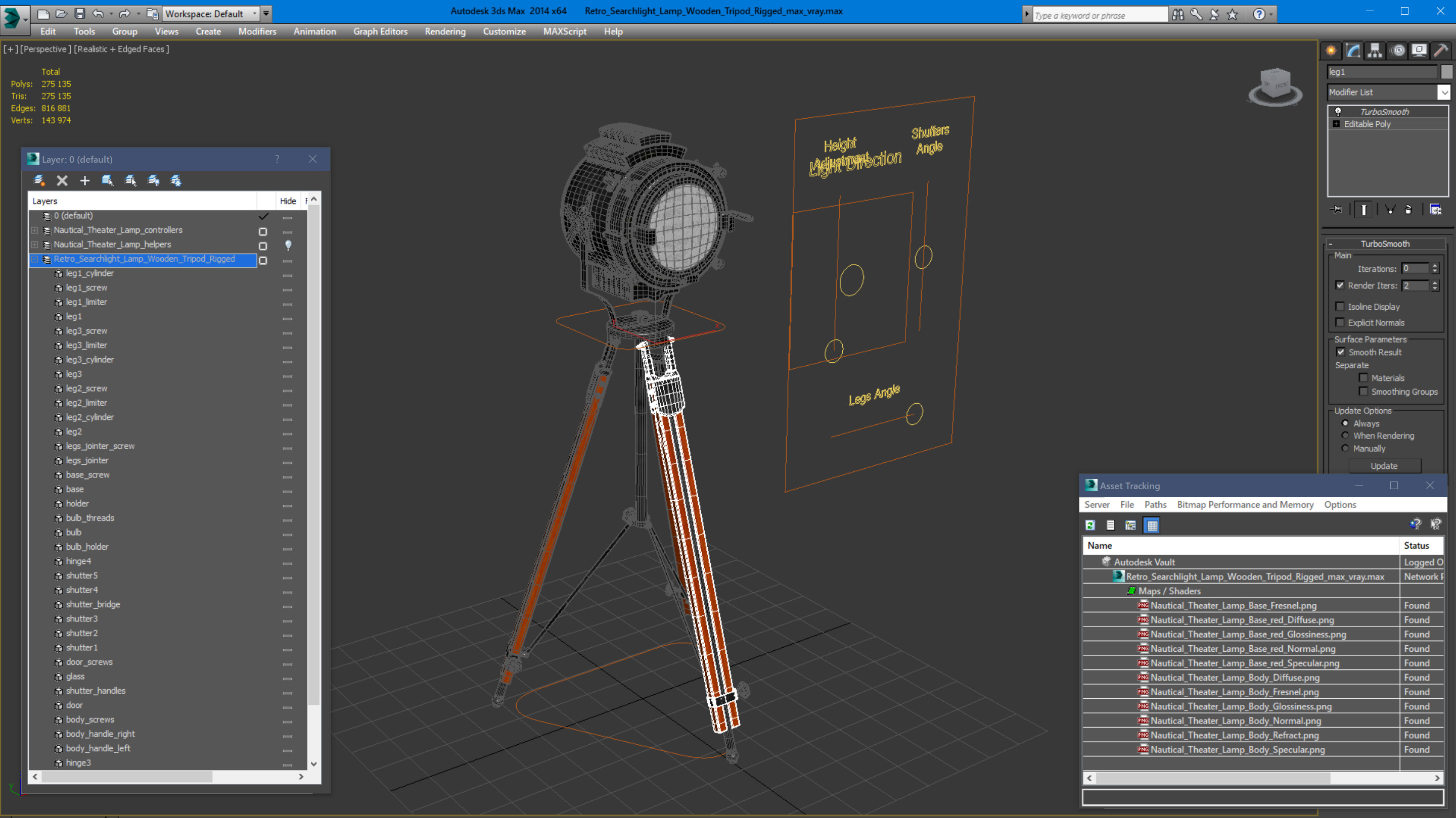 Retro Searchlight Lamp Wooden Tripod Rigged for Modo 3D