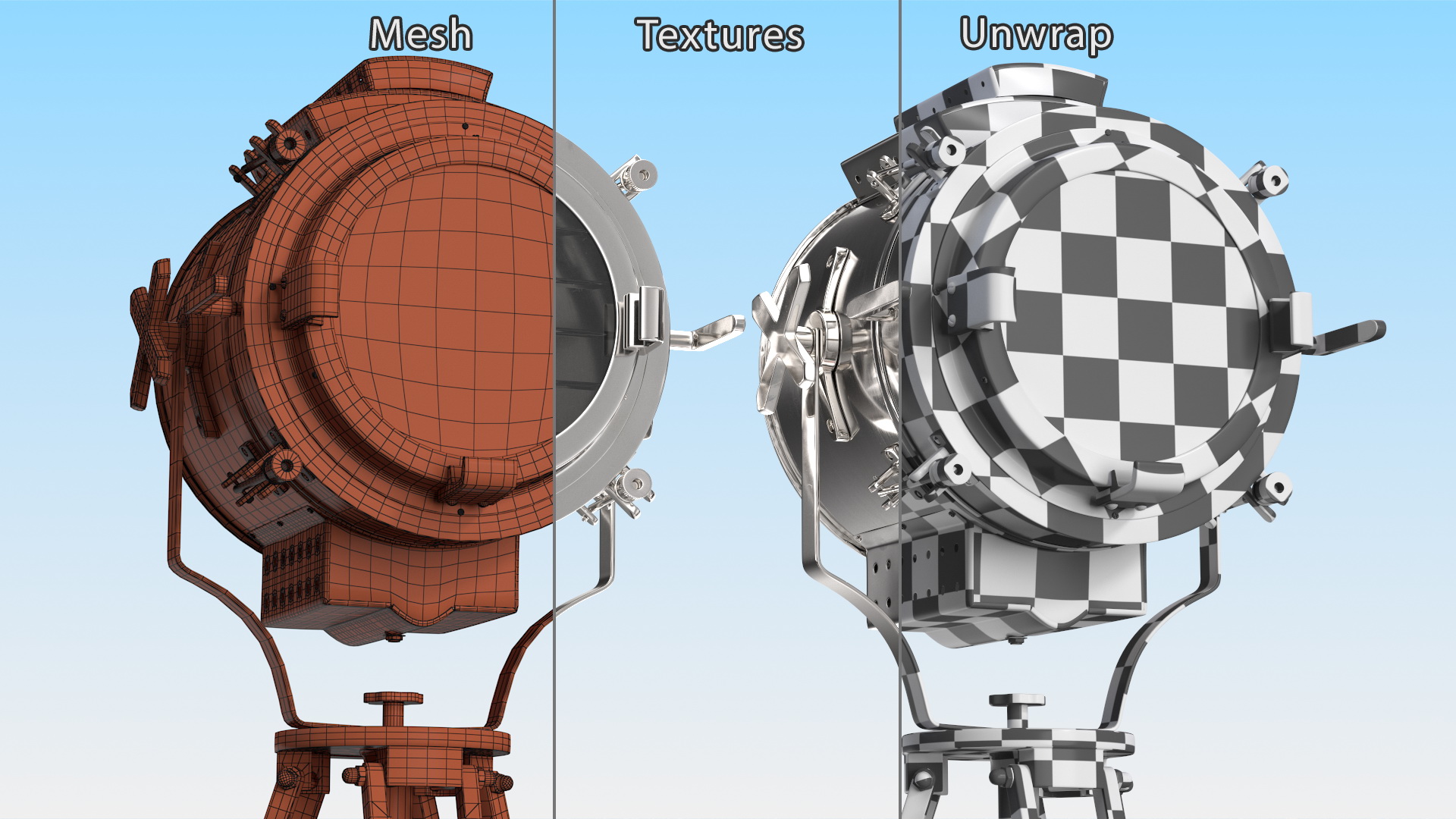 Retro Searchlight Lamp Wooden Tripod Rigged for Modo 3D