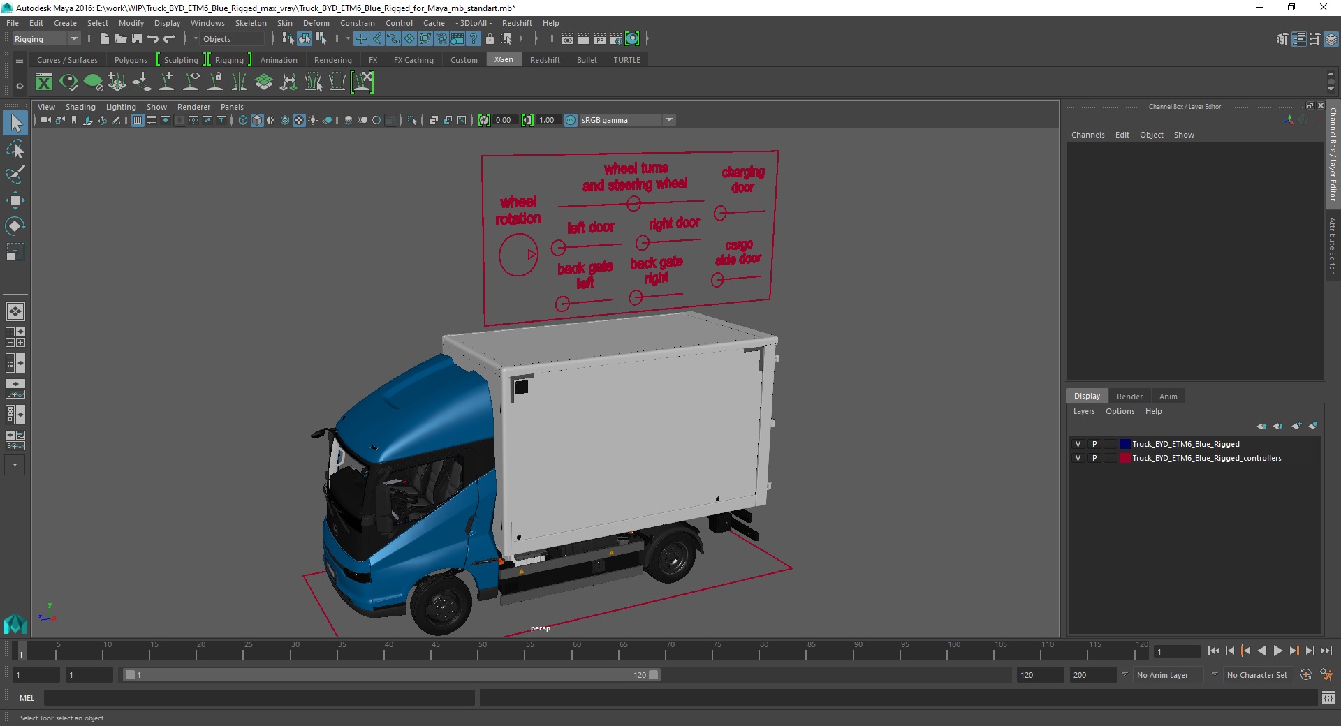 3D model Truck BYD ETM6 Blue Rigged for Maya