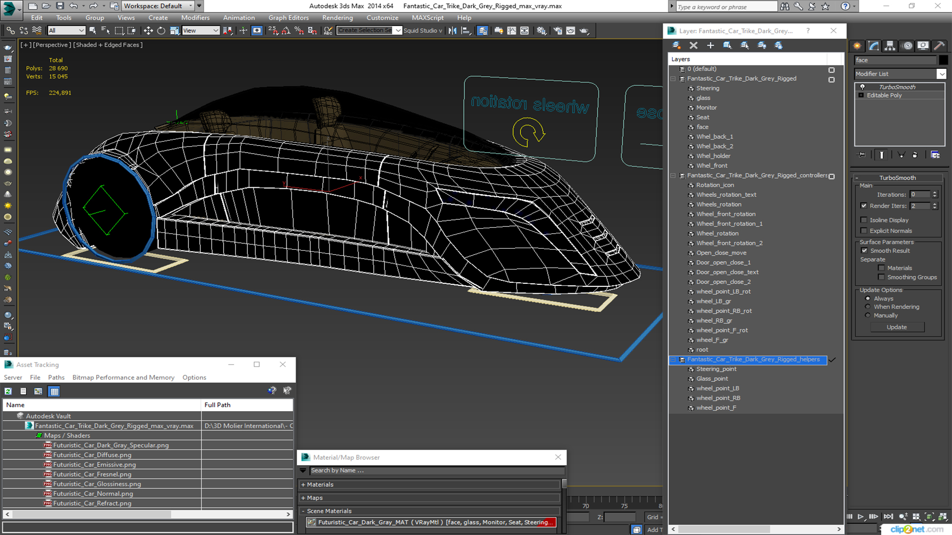 3D model Fantastic Car Trike Dark Grey Rigged for Maya