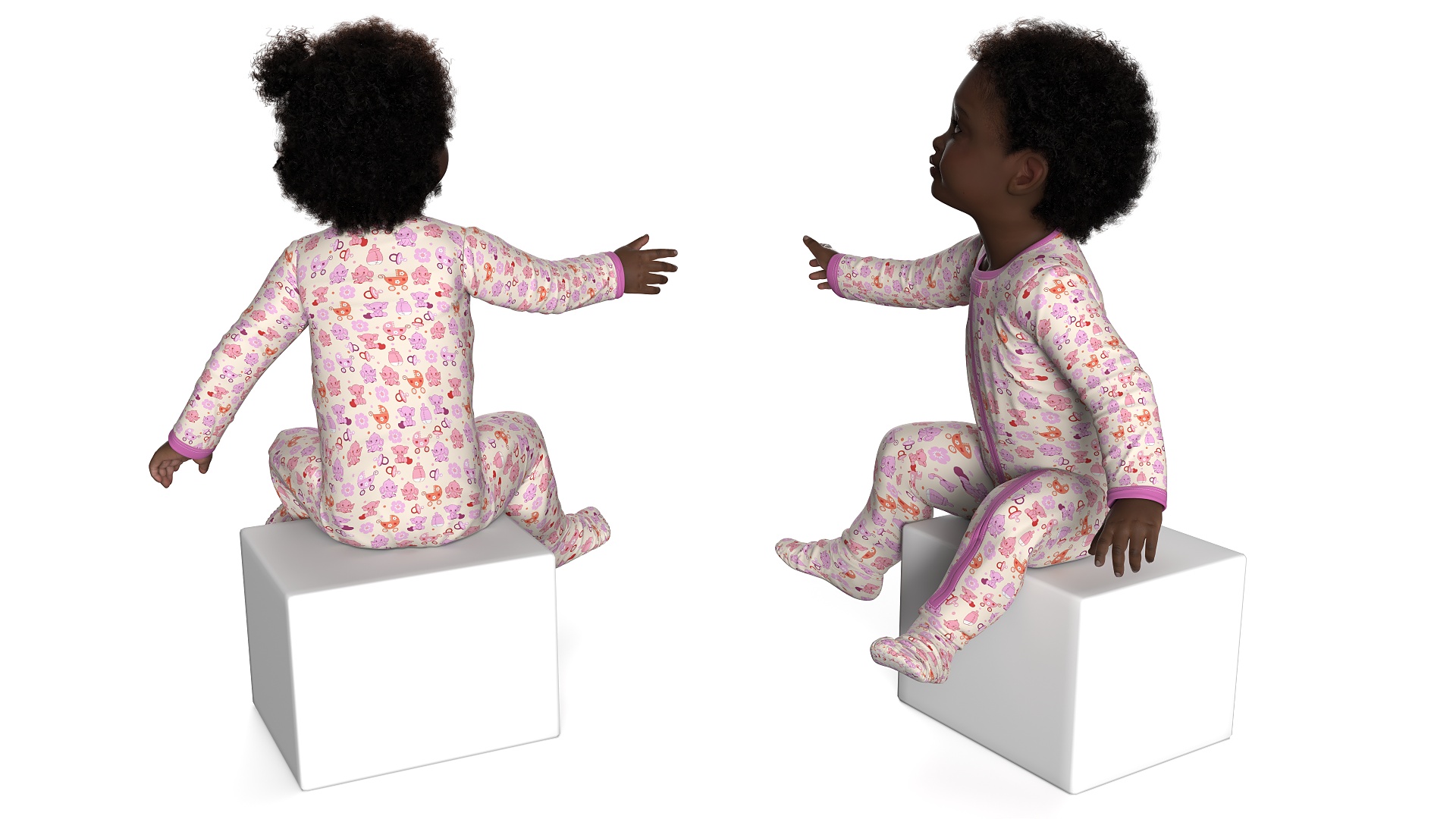 3D African Baby Girl Wearing Full Bodysuit Sitting Fur