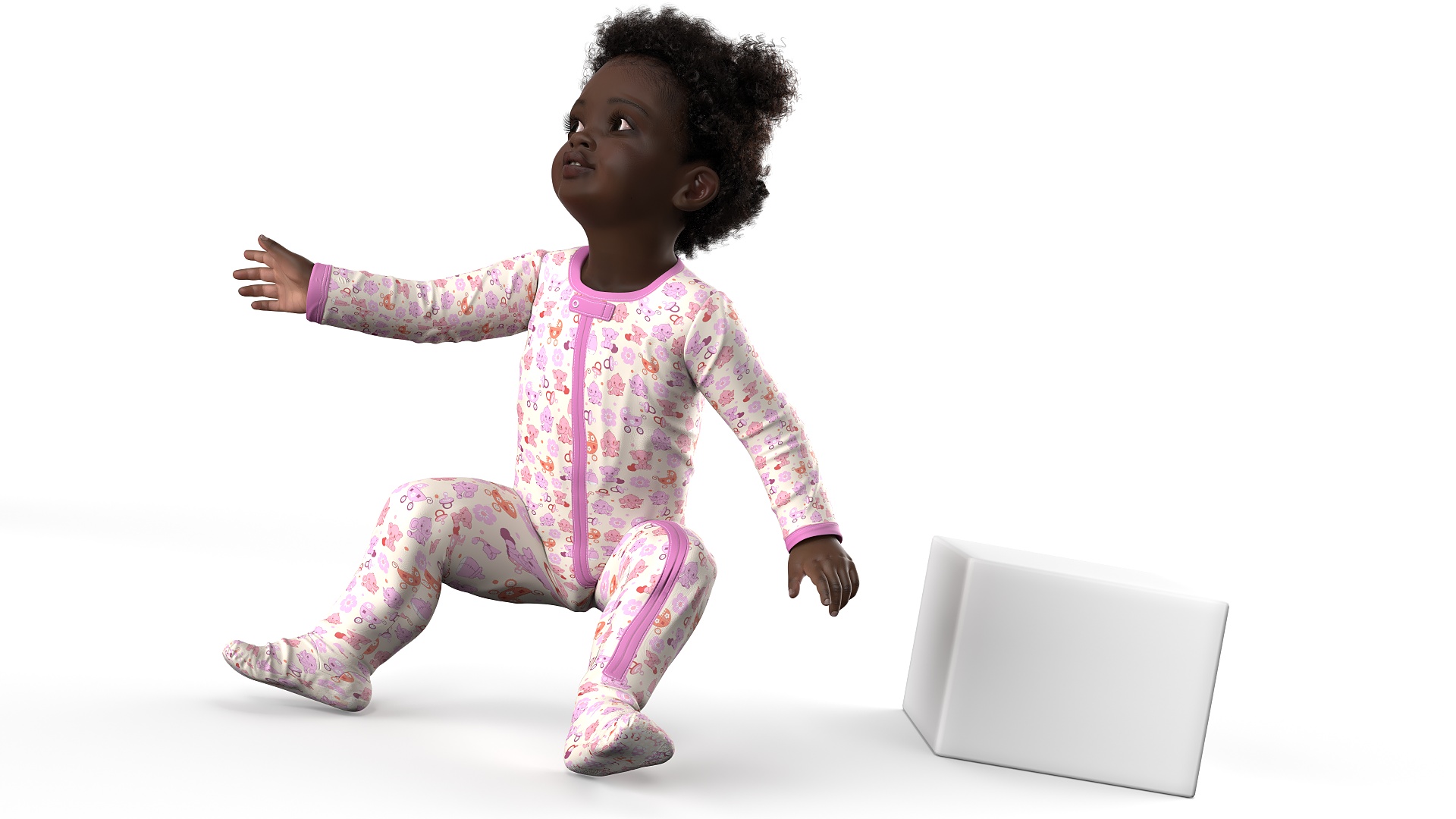 3D African Baby Girl Wearing Full Bodysuit Sitting Fur