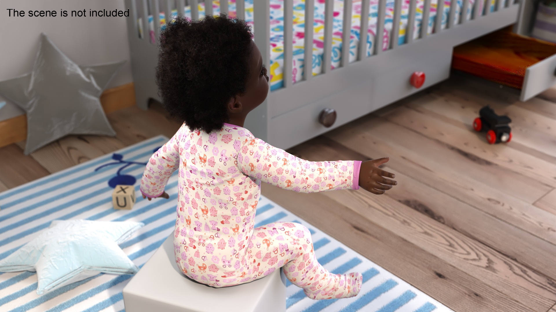 3D African Baby Girl Wearing Full Bodysuit Sitting Fur