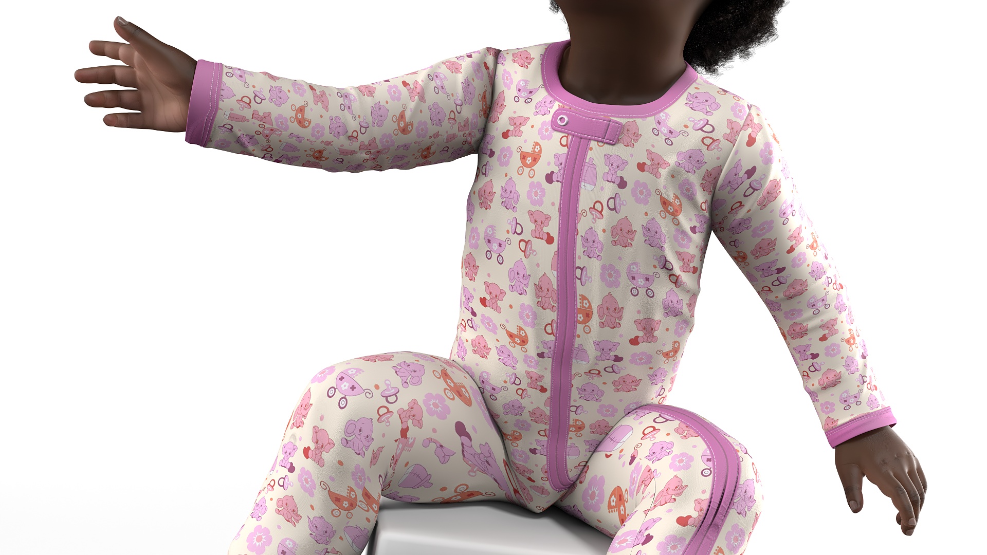 3D African Baby Girl Wearing Full Bodysuit Sitting Fur