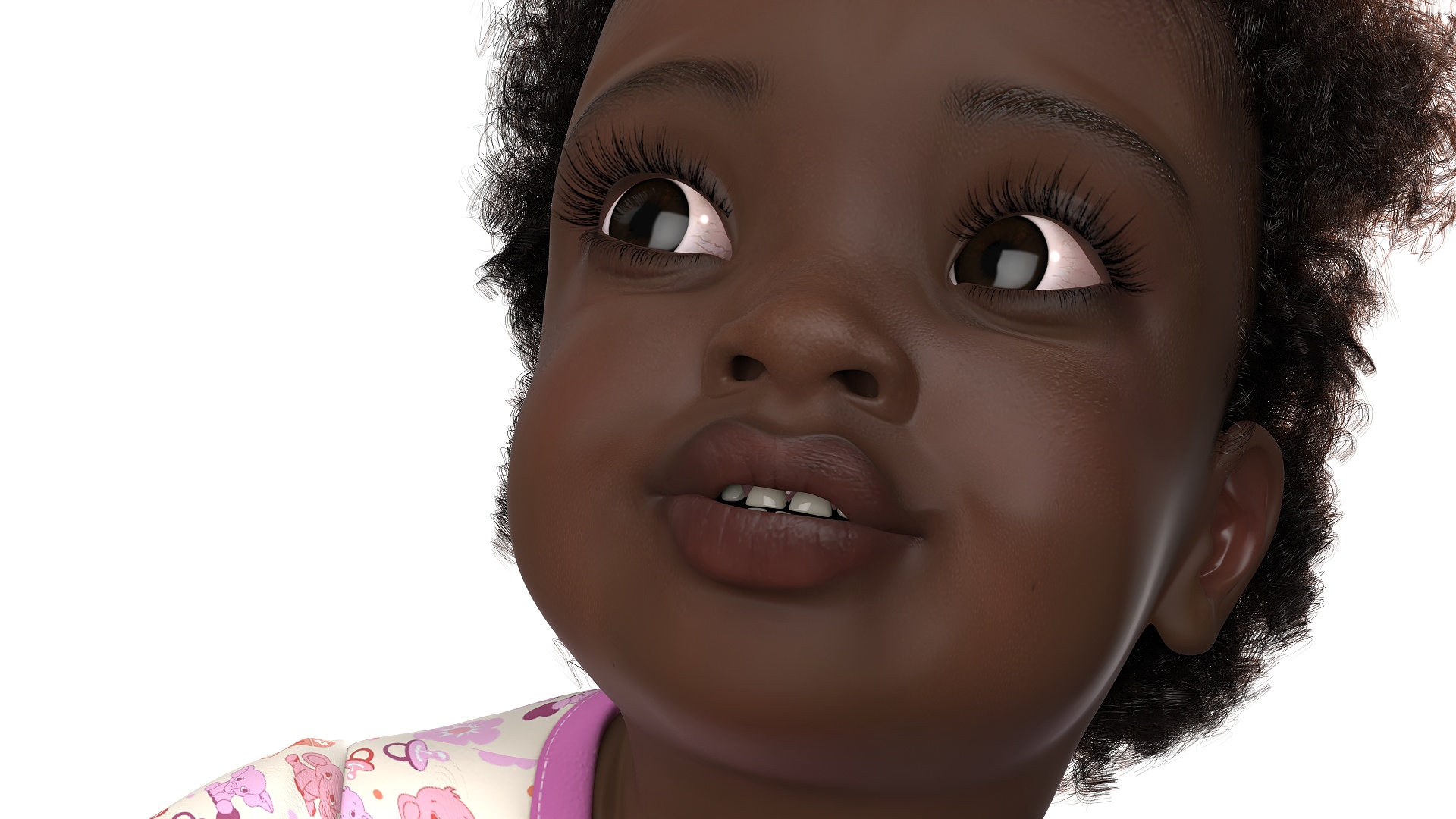 3D African Baby Girl Wearing Full Bodysuit Sitting Fur