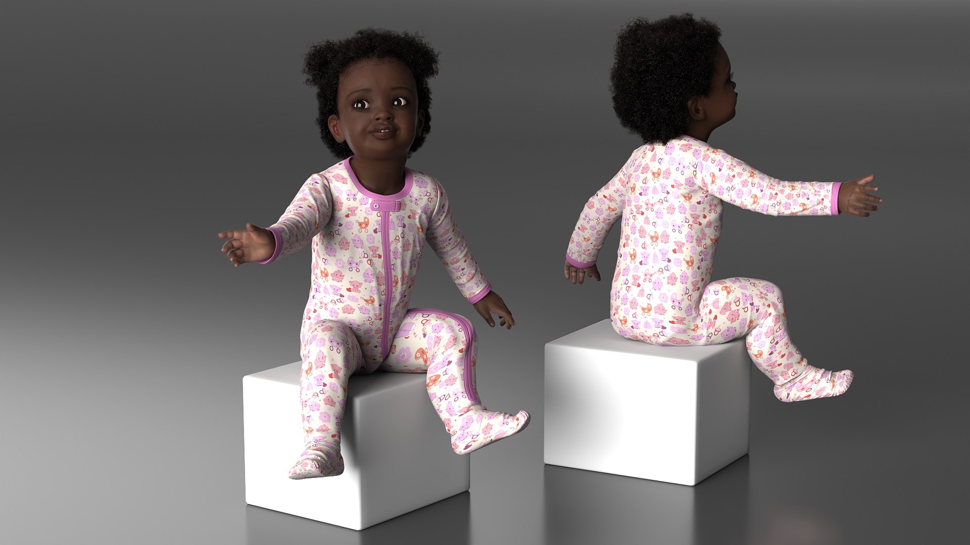 3D African Baby Girl Wearing Full Bodysuit Sitting Fur