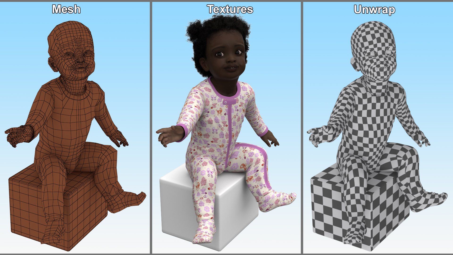 3D African Baby Girl Wearing Full Bodysuit Sitting Fur
