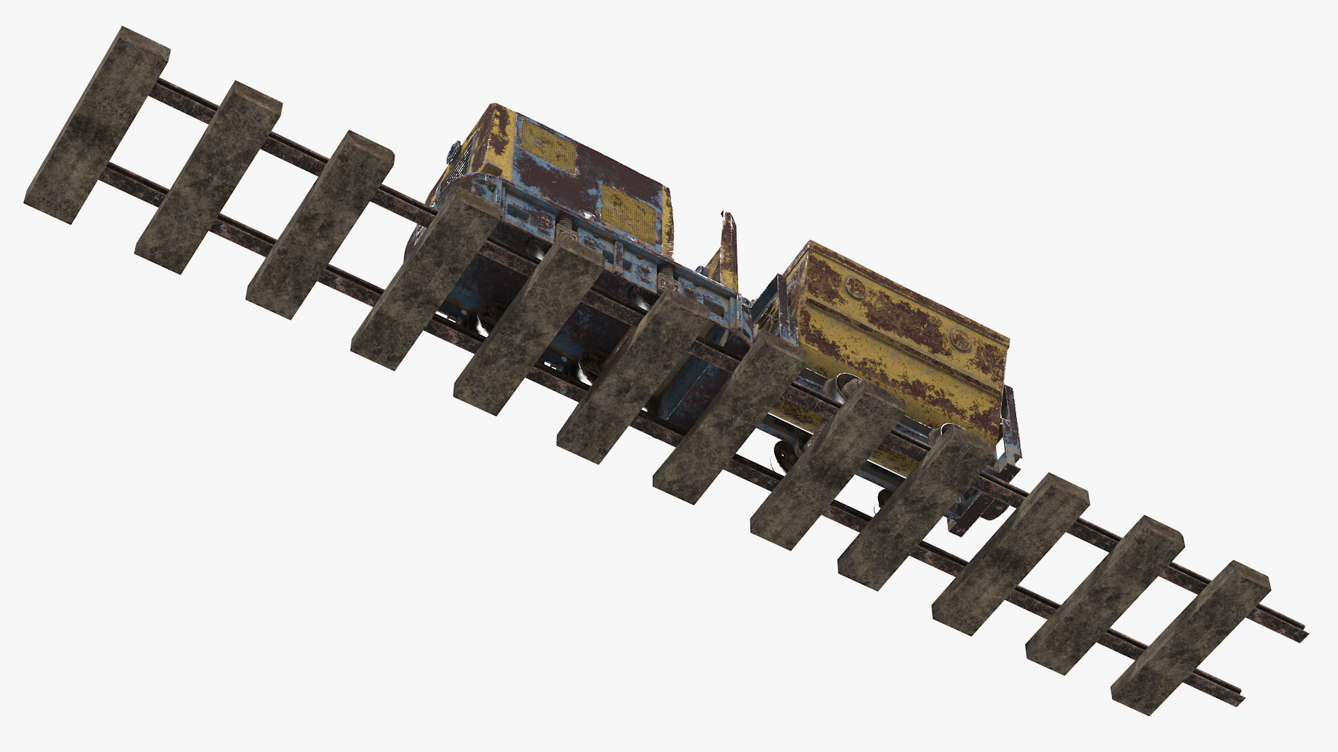 Mining Locomotive with Minecart on Railway Section Rusted 3D