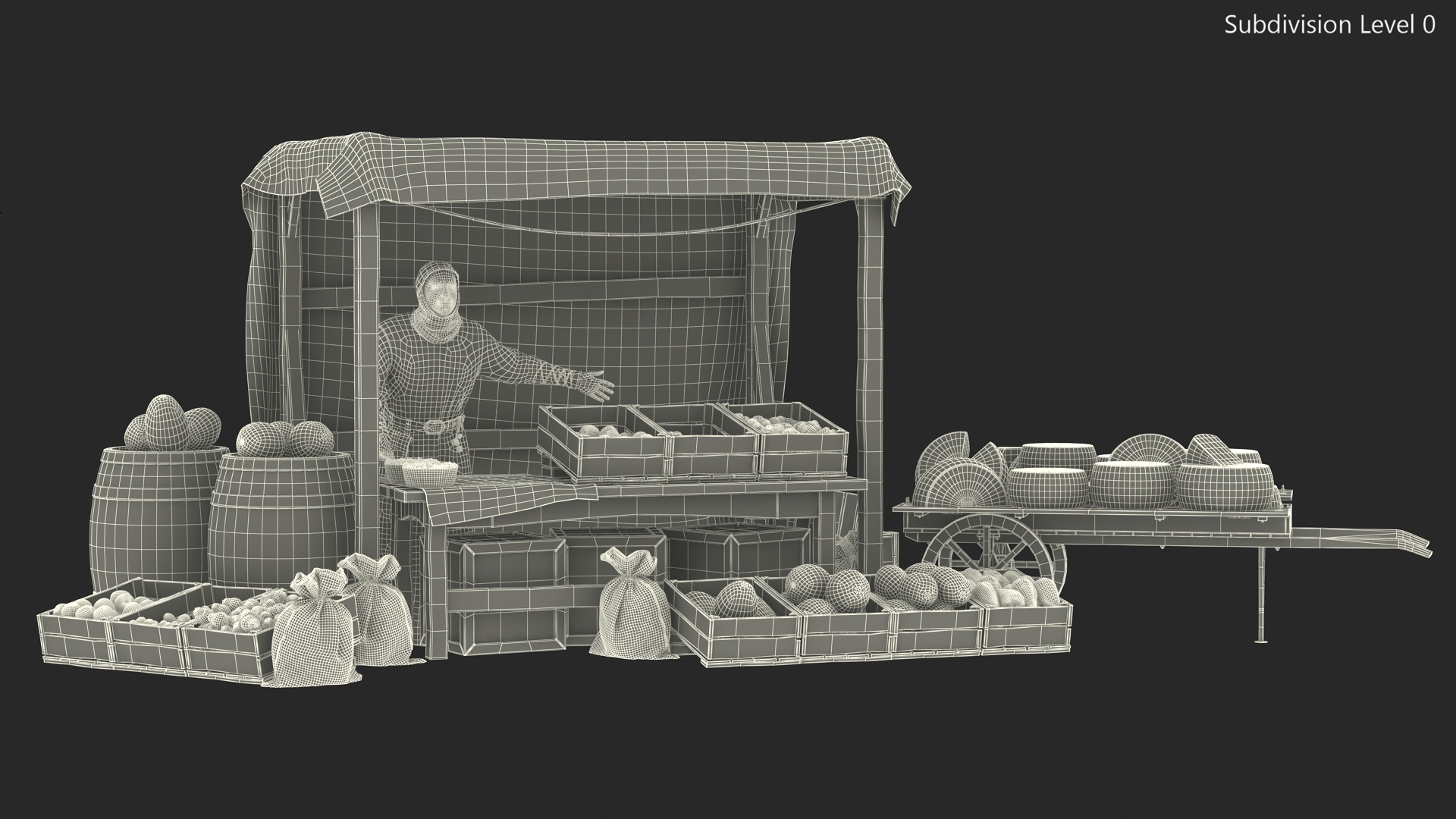 Medieval Merchant in Market Shop with Cart 3D