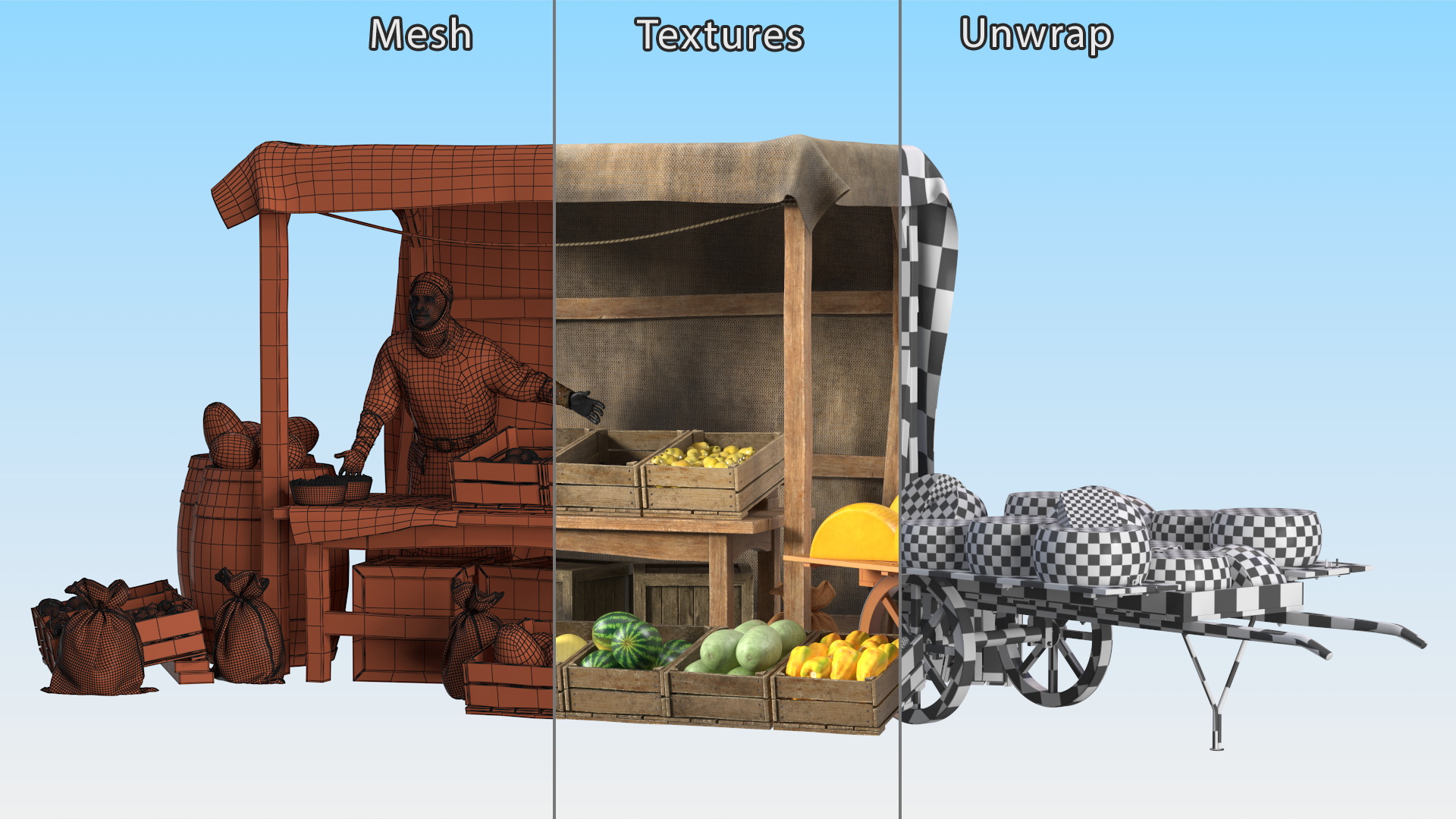 Medieval Merchant in Market Shop with Cart 3D