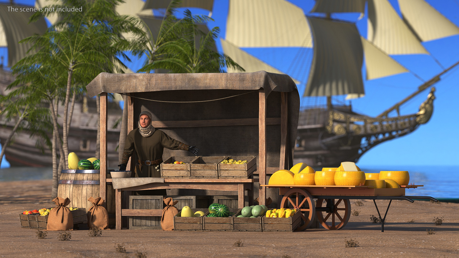 Medieval Merchant in Market Shop with Cart 3D