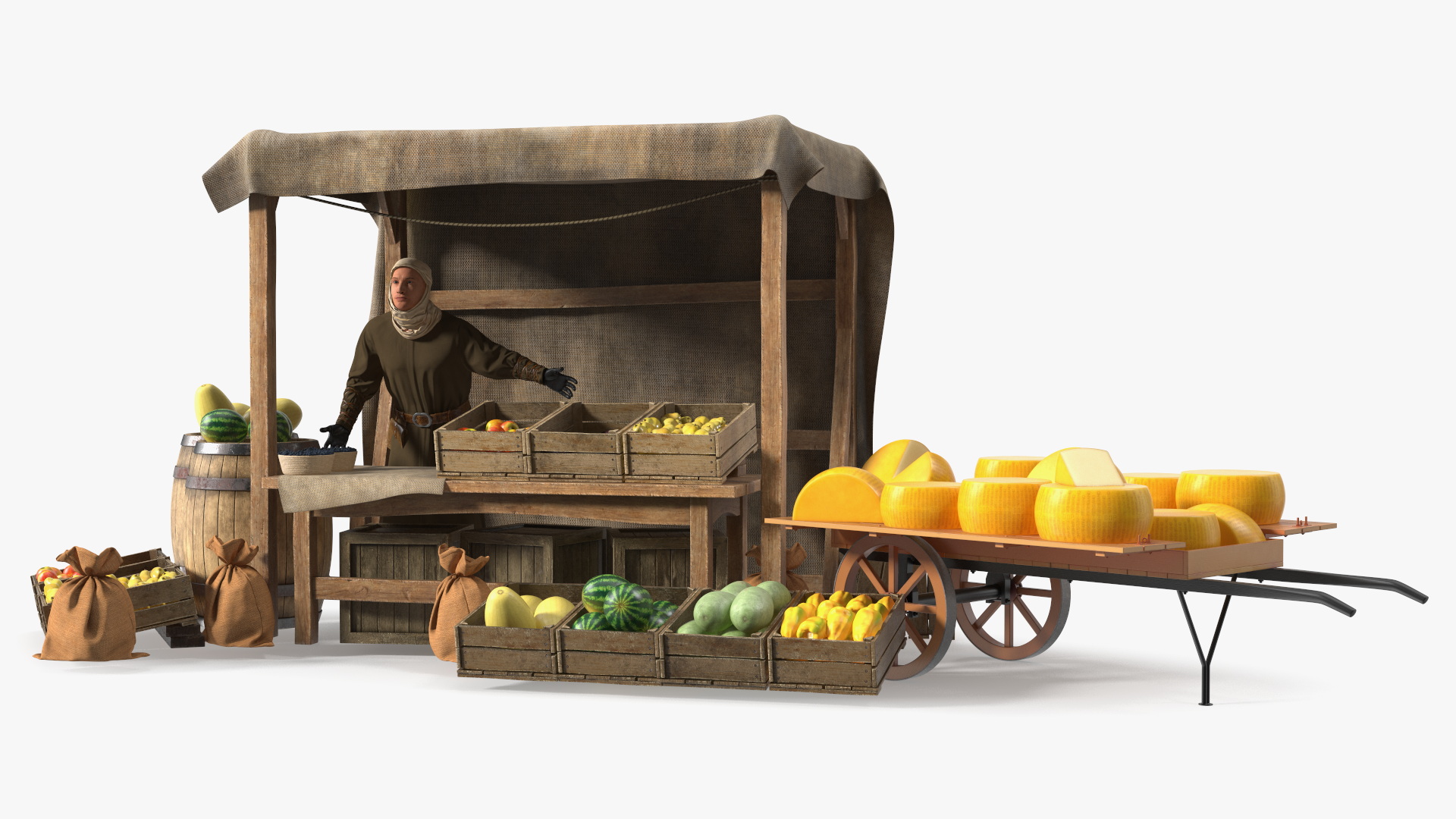Medieval Merchant in Market Shop with Cart 3D