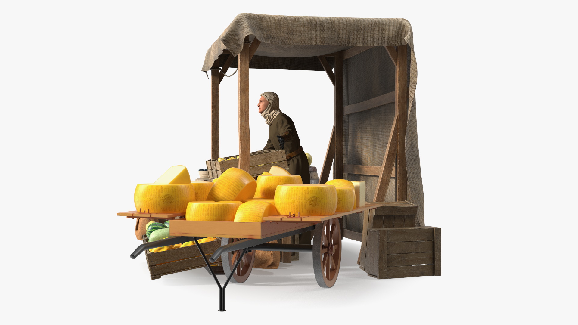 Medieval Merchant in Market Shop with Cart 3D
