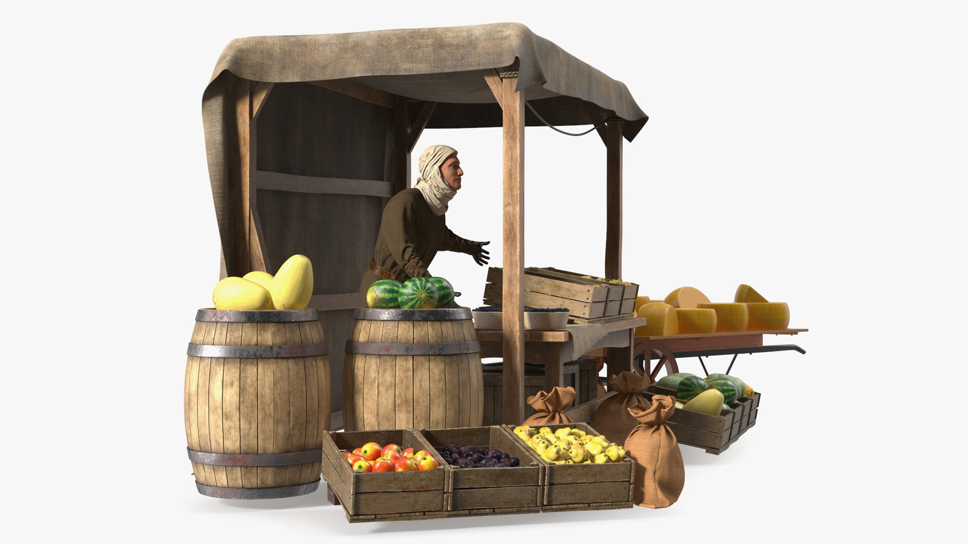 Medieval Merchant in Market Shop with Cart 3D