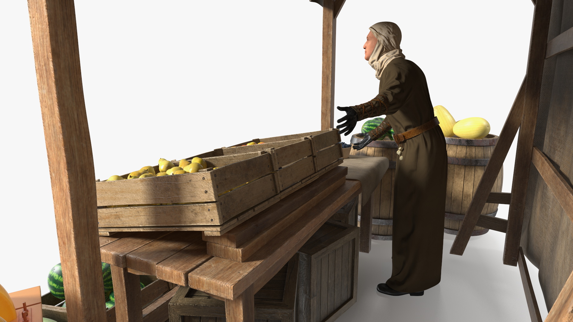 Medieval Merchant in Market Shop with Cart 3D