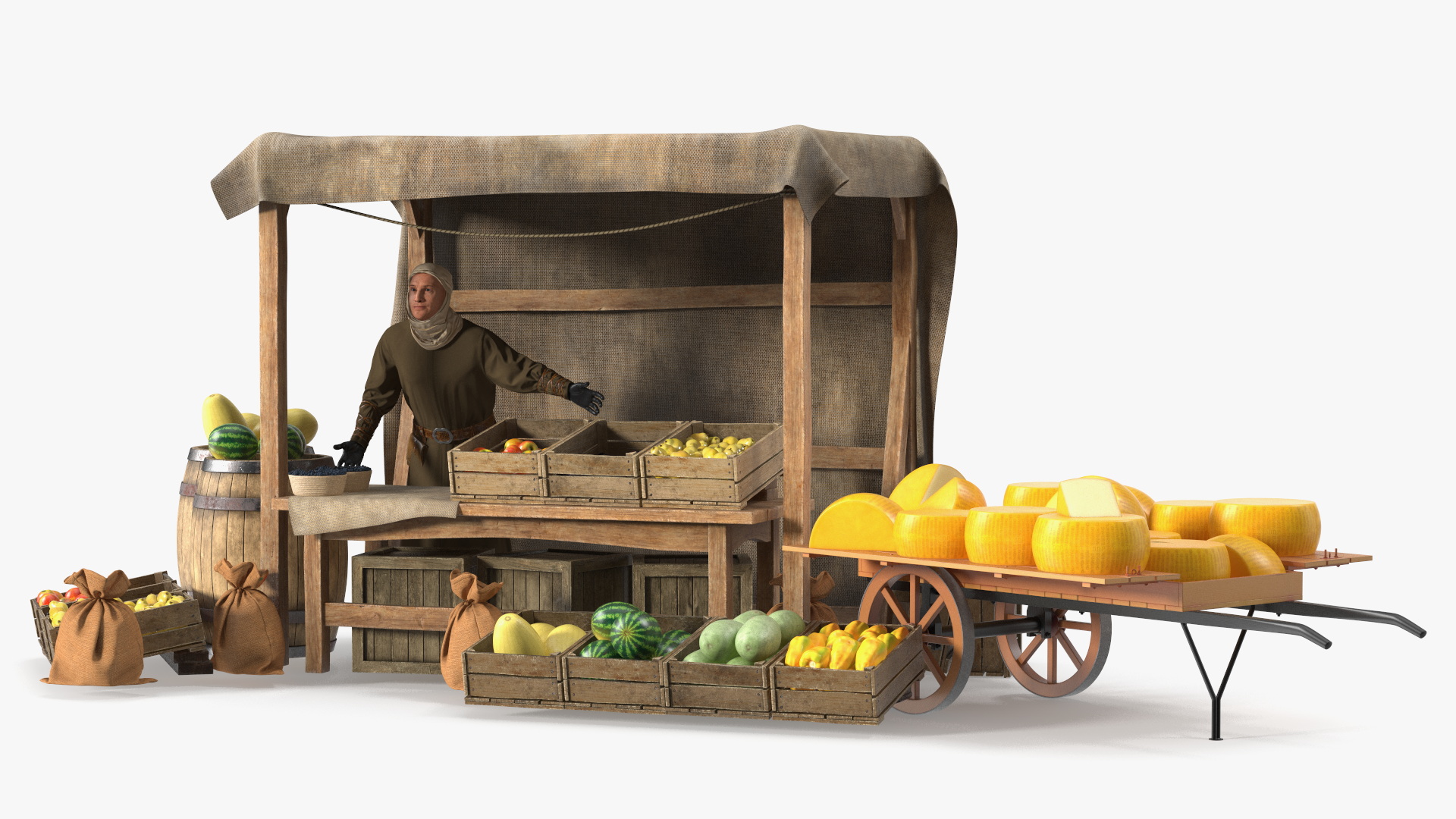Medieval Merchant in Market Shop with Cart 3D