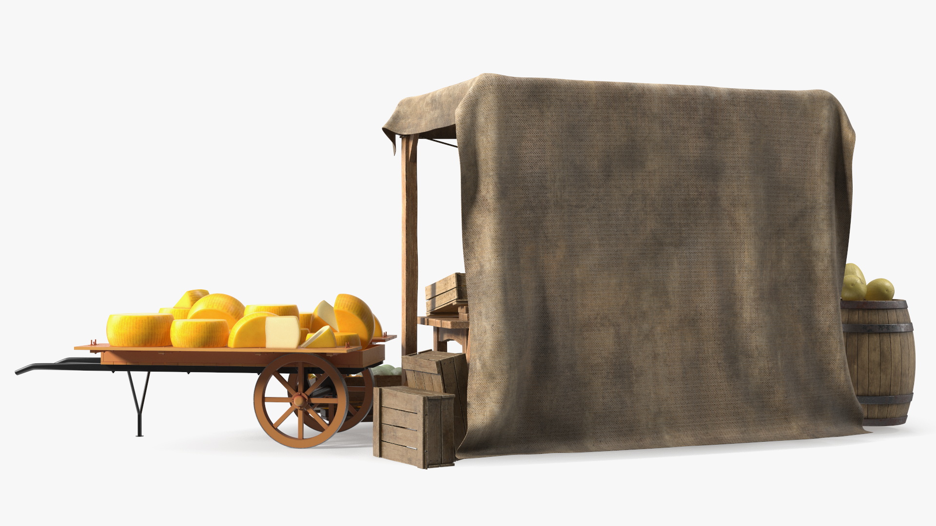 Medieval Merchant in Market Shop with Cart 3D