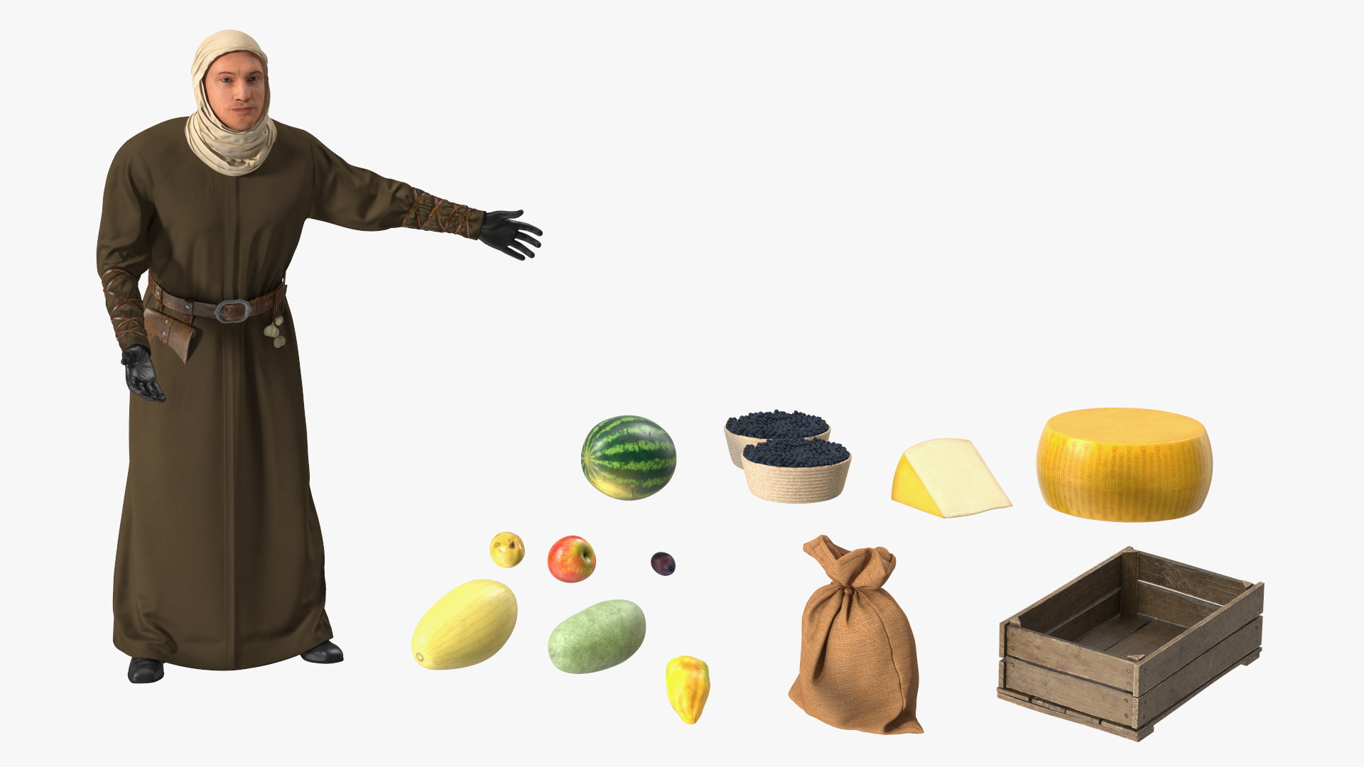 Medieval Merchant in Market Shop with Cart 3D