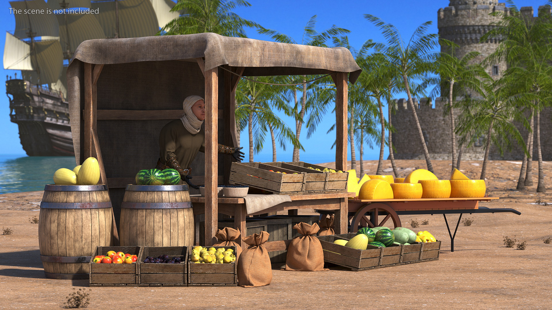 Medieval Merchant in Market Shop with Cart 3D