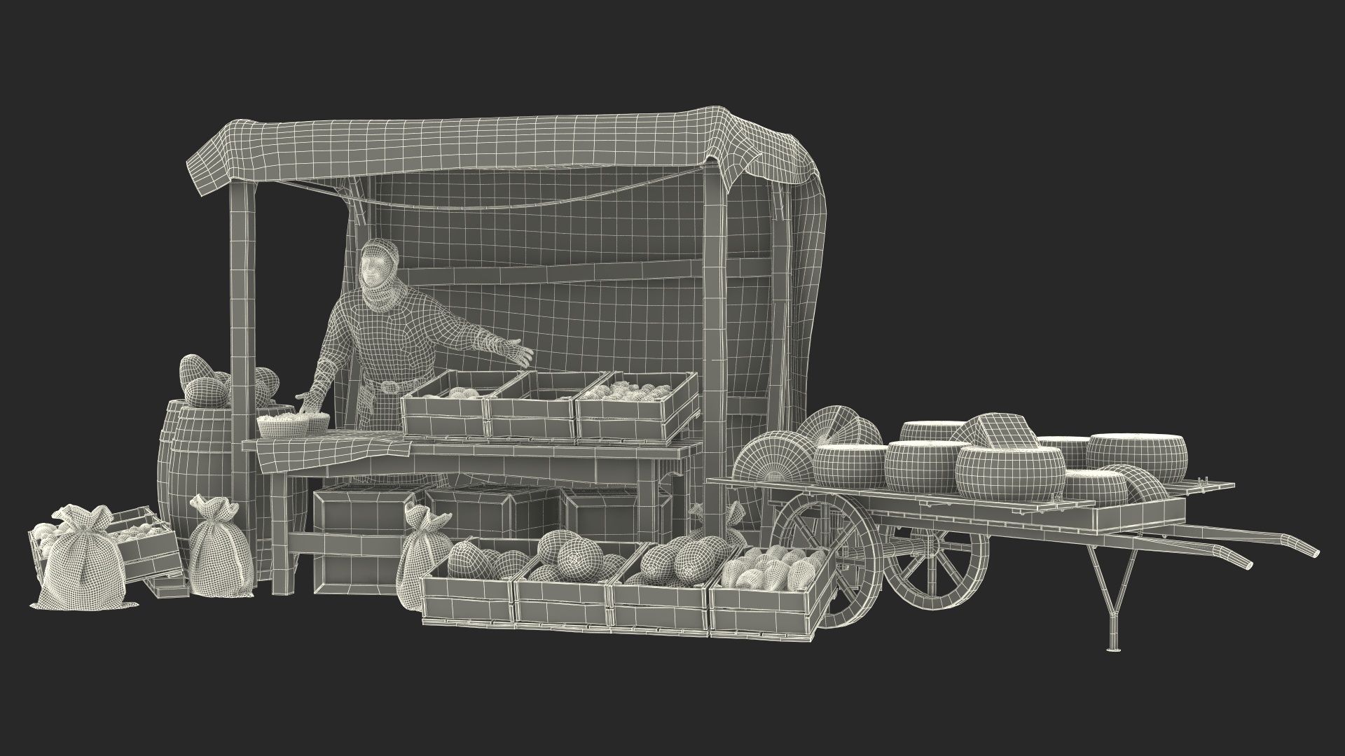 Medieval Merchant in Market Shop with Cart 3D