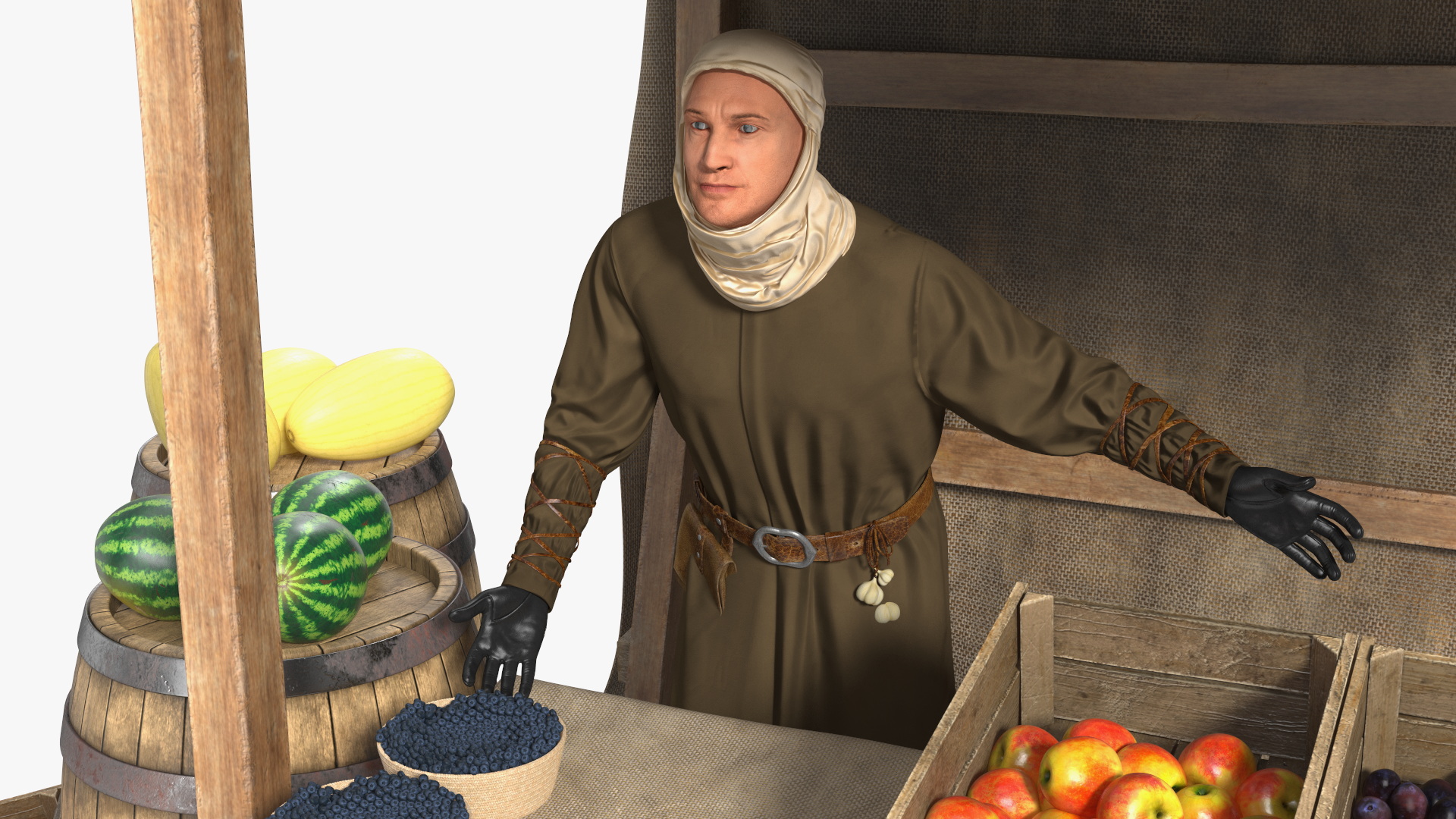 Medieval Merchant in Market Shop with Cart 3D