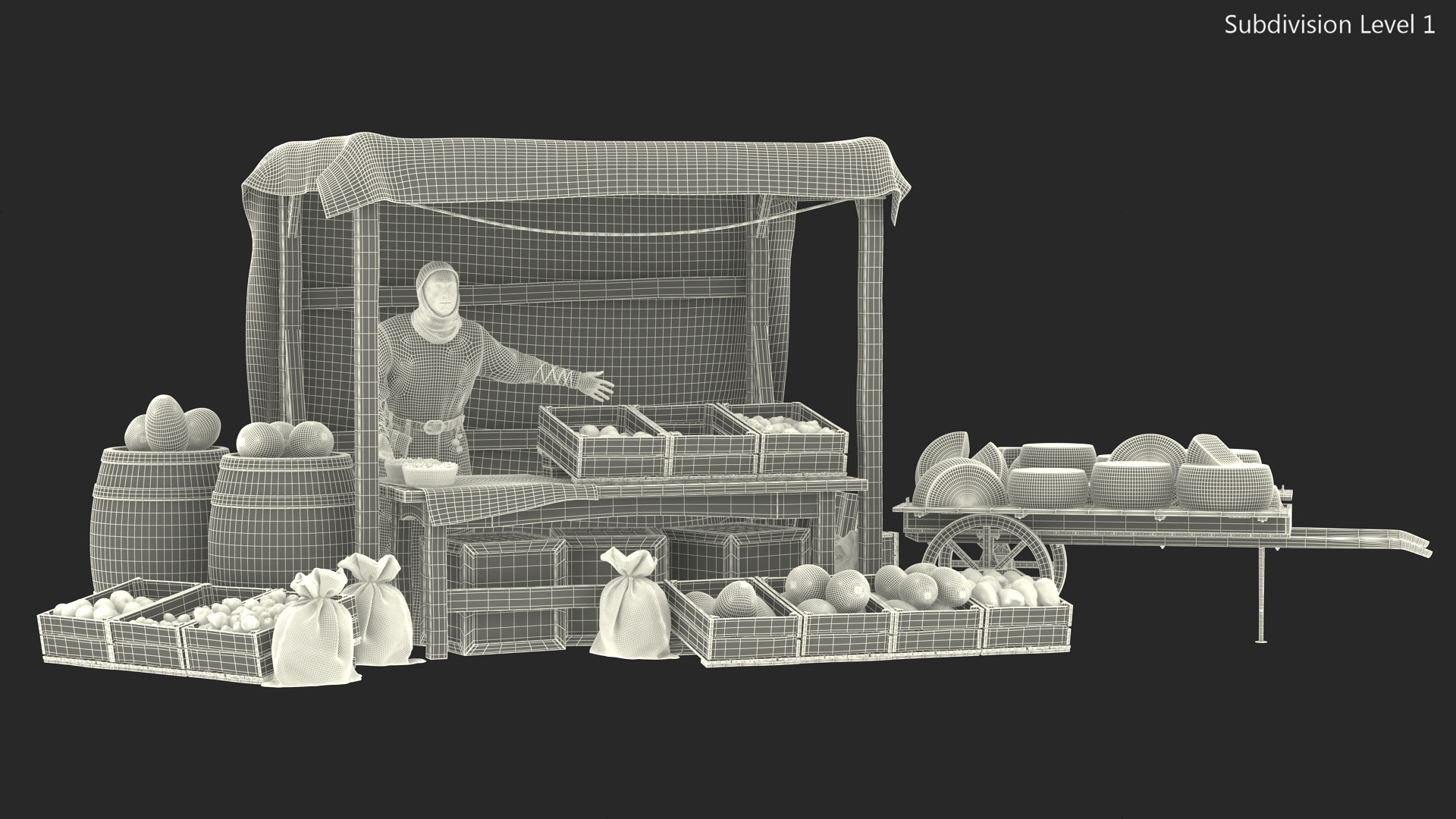 Medieval Merchant in Market Shop with Cart 3D