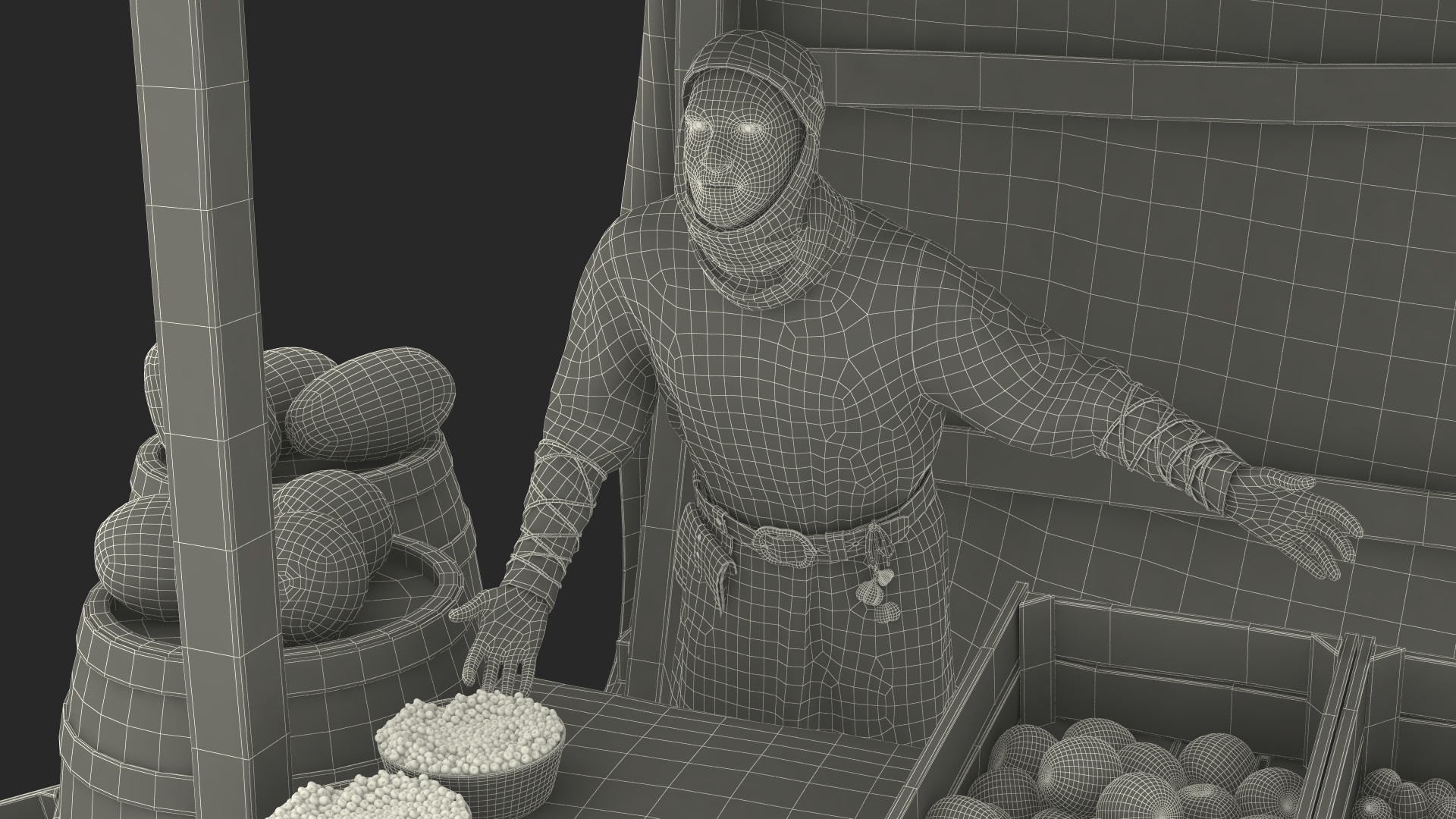 Medieval Merchant in Market Shop with Cart 3D