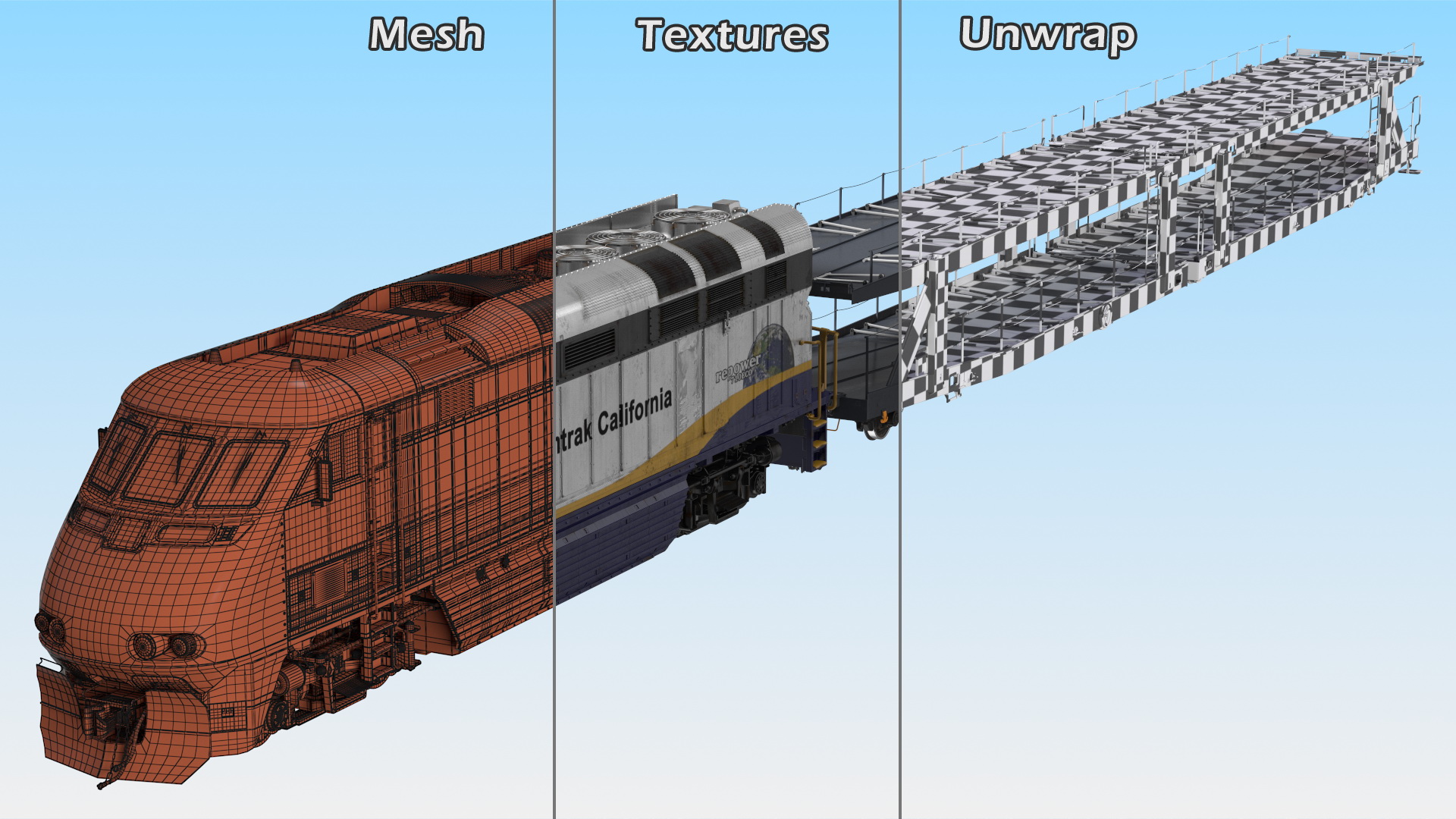 3D Diesel Electric Locomotive with Autorack Car Transporter