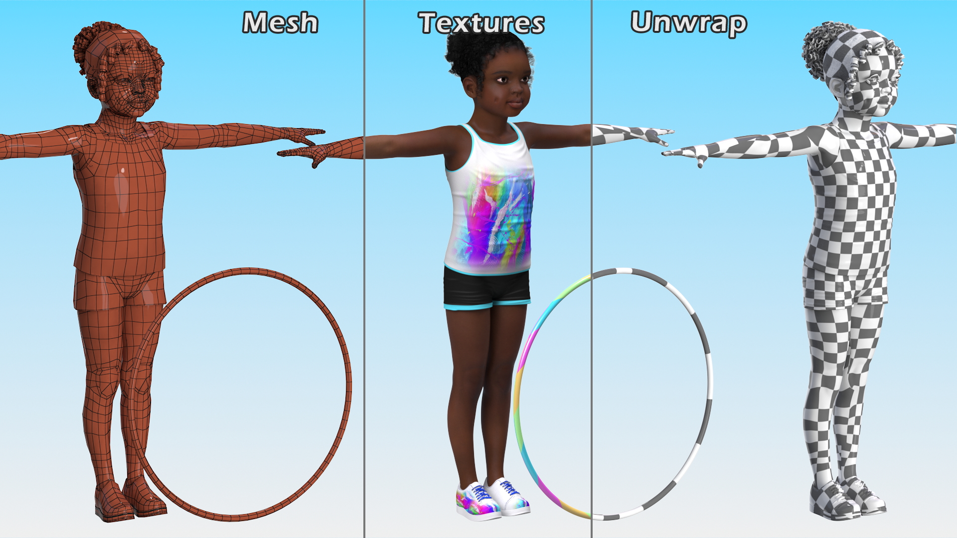 3D Black Child Girl With Hoop T-pose model