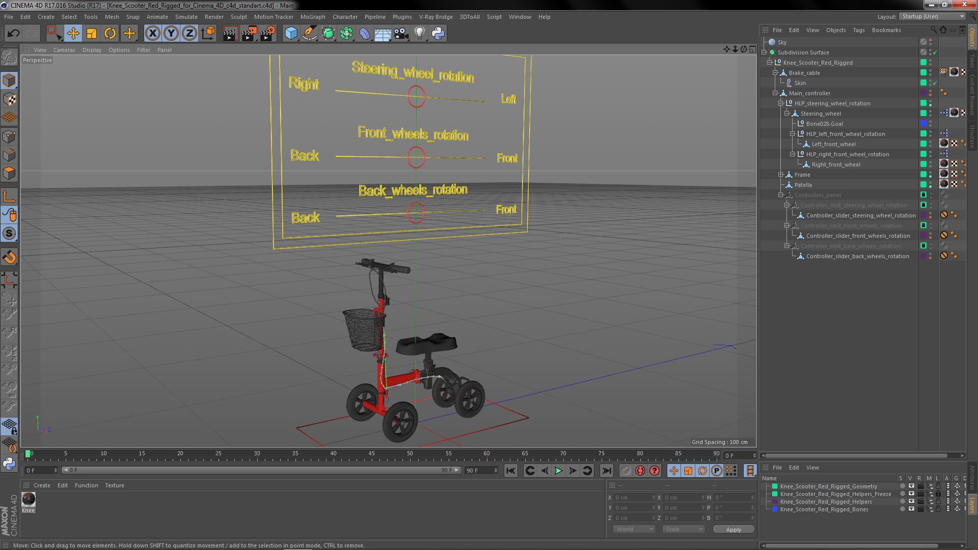 Knee Scooter Red Rigged for Cinema 4D 3D