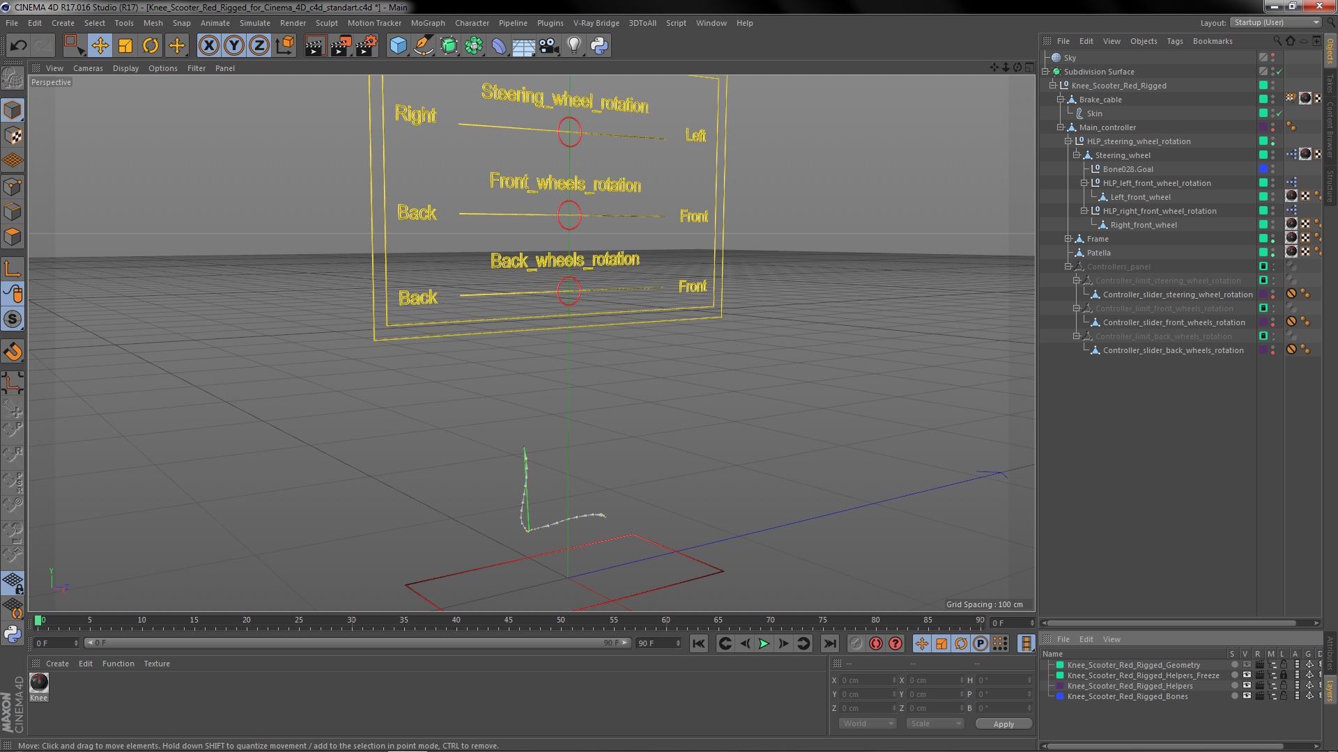 Knee Scooter Red Rigged for Cinema 4D 3D