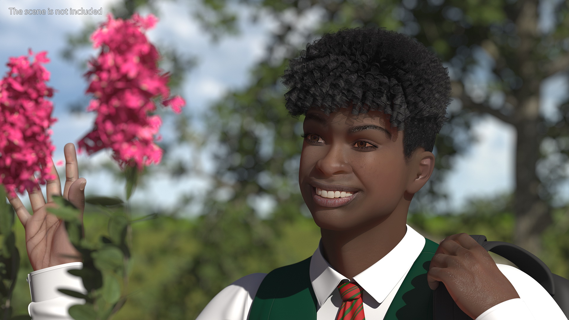 Black Teenager Dark Skin School Uniform Walking 3D