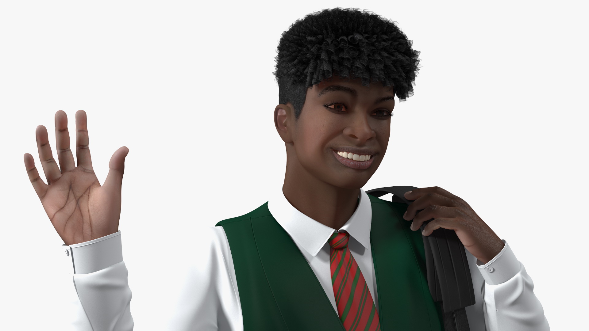 Black Teenager Dark Skin School Uniform Walking 3D