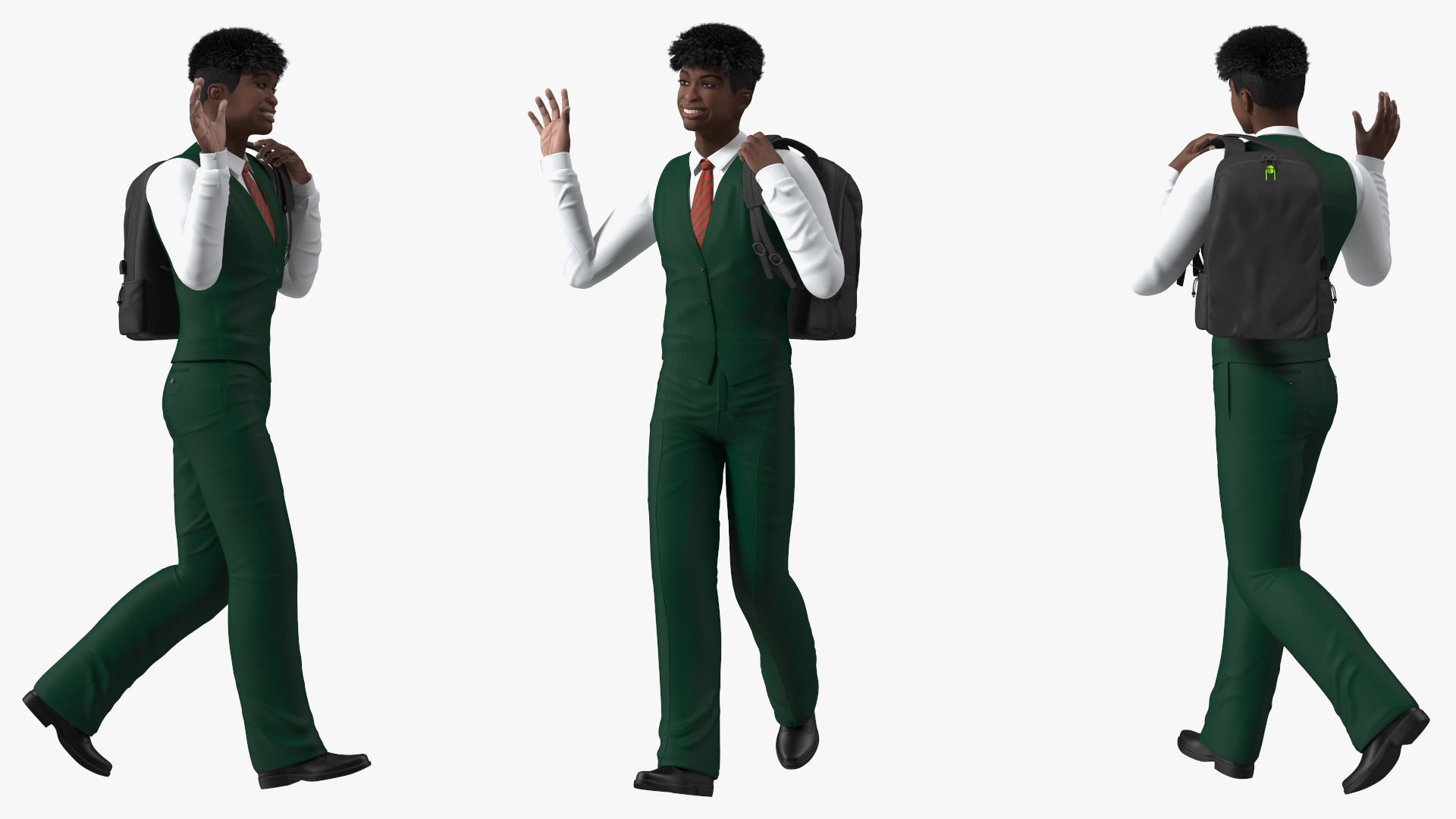 Black Teenager Dark Skin School Uniform Walking 3D