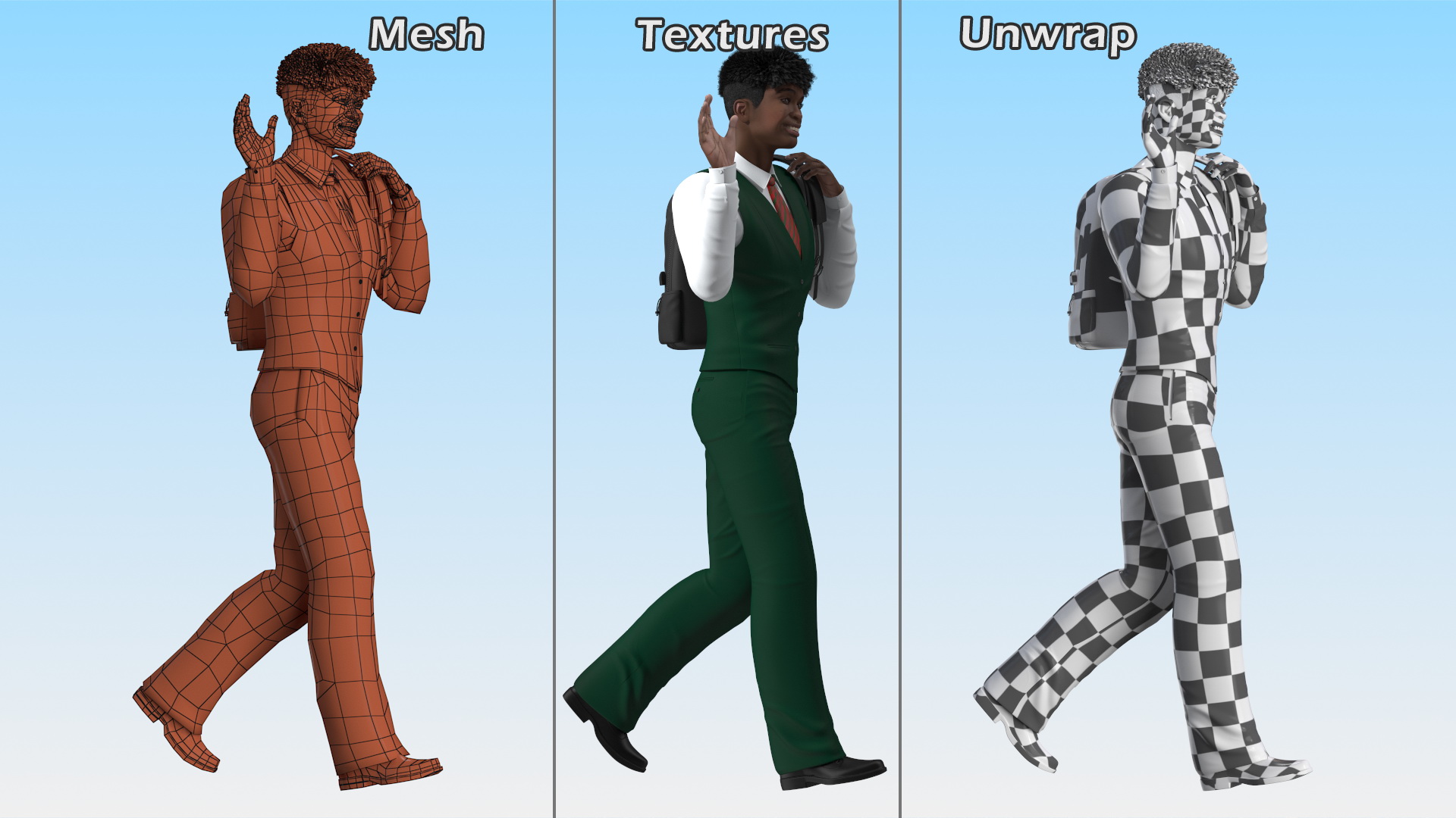 Black Teenager Dark Skin School Uniform Walking 3D