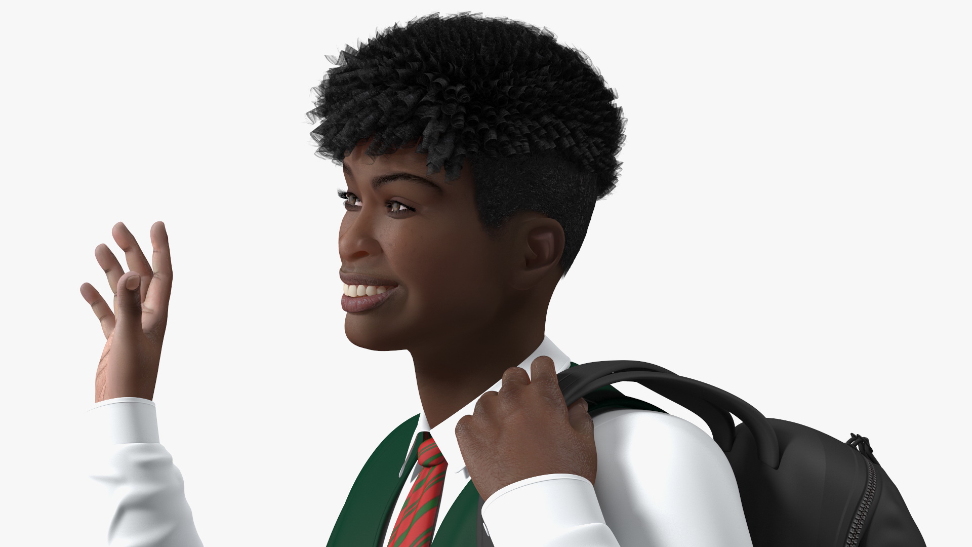 Black Teenager Dark Skin School Uniform Walking 3D